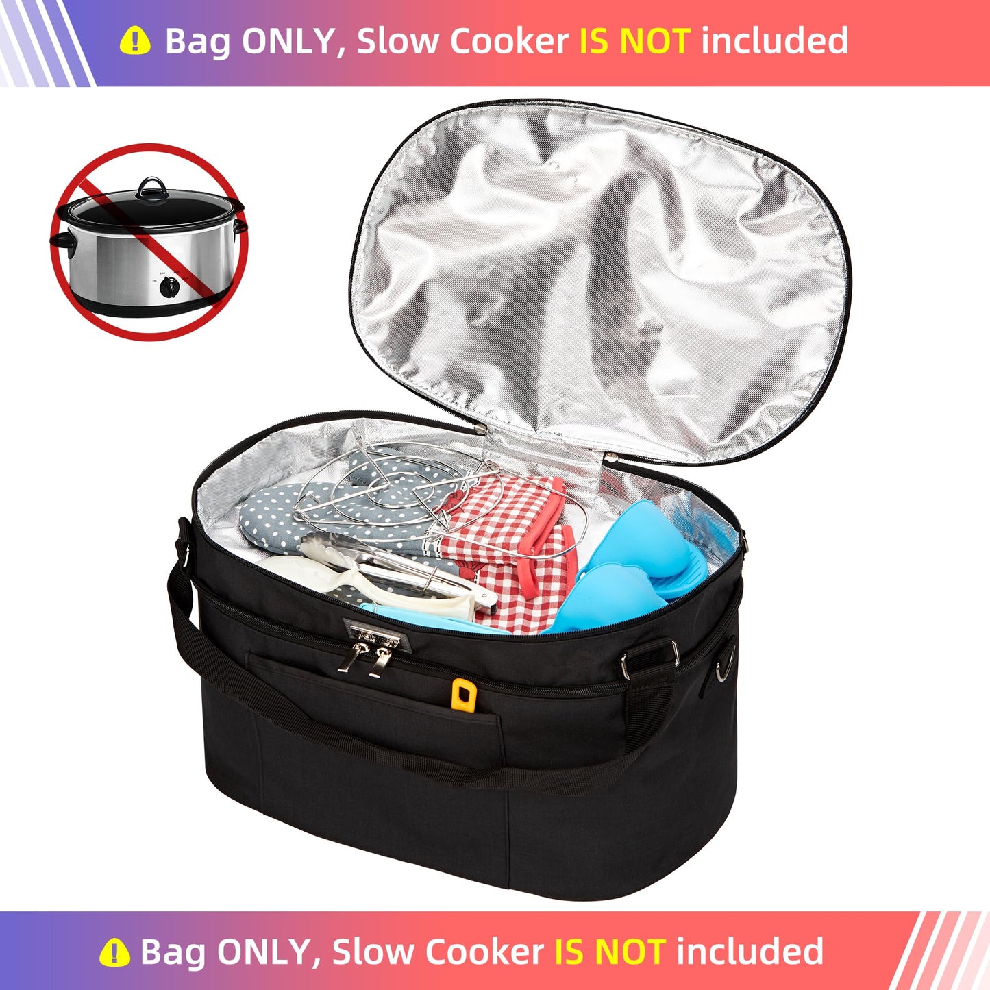 HOMEST Slow Cooker Bag for Crock-Pot 6-8 Quart, Insulated Travel Carrier with Easy to Clean Lining, Carry Case with Top Zip Compartment and Accessory Pocket