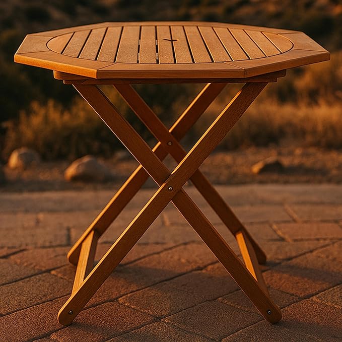 Sunnydaze Folding Meranti Wood Outdoor Dining Table with Umbrella Hole - Foldable Teak Patio Table - Teak Oil Finish - Octagon