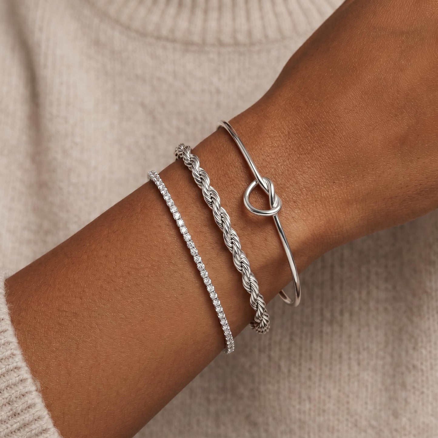 Poxtex Silver Cuff Bracelets Set for Women, 3 Pcs Stackable Rope Open Bangles, Cubic Zirconia Tennis, Stardust Thin Polished Band, Non Tarnish Stainless Steel Jewelry Gifts
