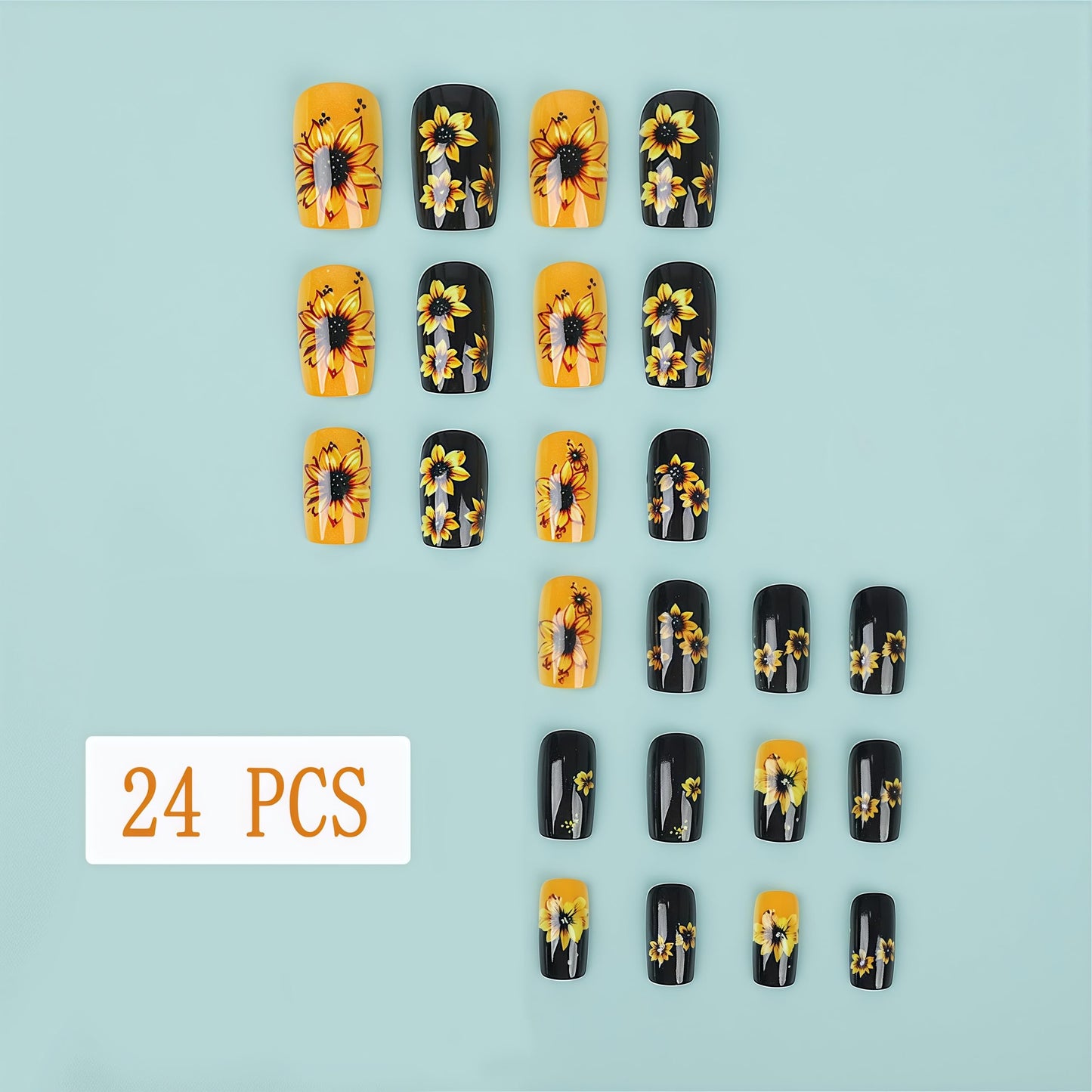 24Pcs Black Press on Nails Medium Coffin Spring with Cute Sunflower Design Glossy Fake Nails Full Cover Orange Sunflower Acrylic Nails for Women Girls DIY Manicure Decorations