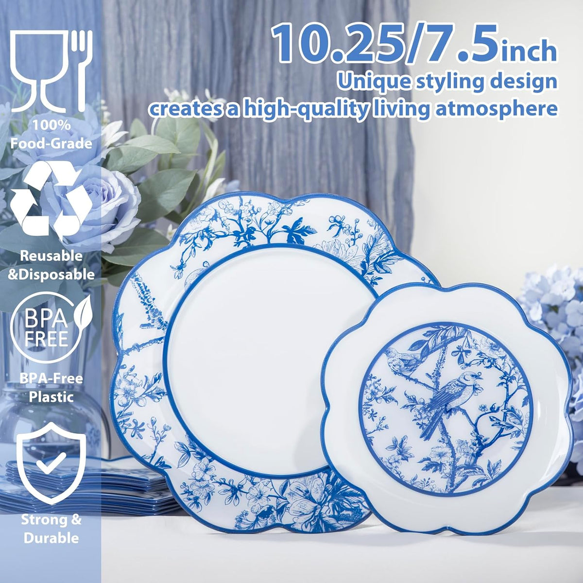 LIYH 60 Pcs Blue Plastic Plates Set - Heavy Duty Floral and White Plastic Plates for Party Wedding Elegant Plate Bridal Shower Floral Dinnerware Set - 10.25" Dinner & 7.5" Dessert Plate