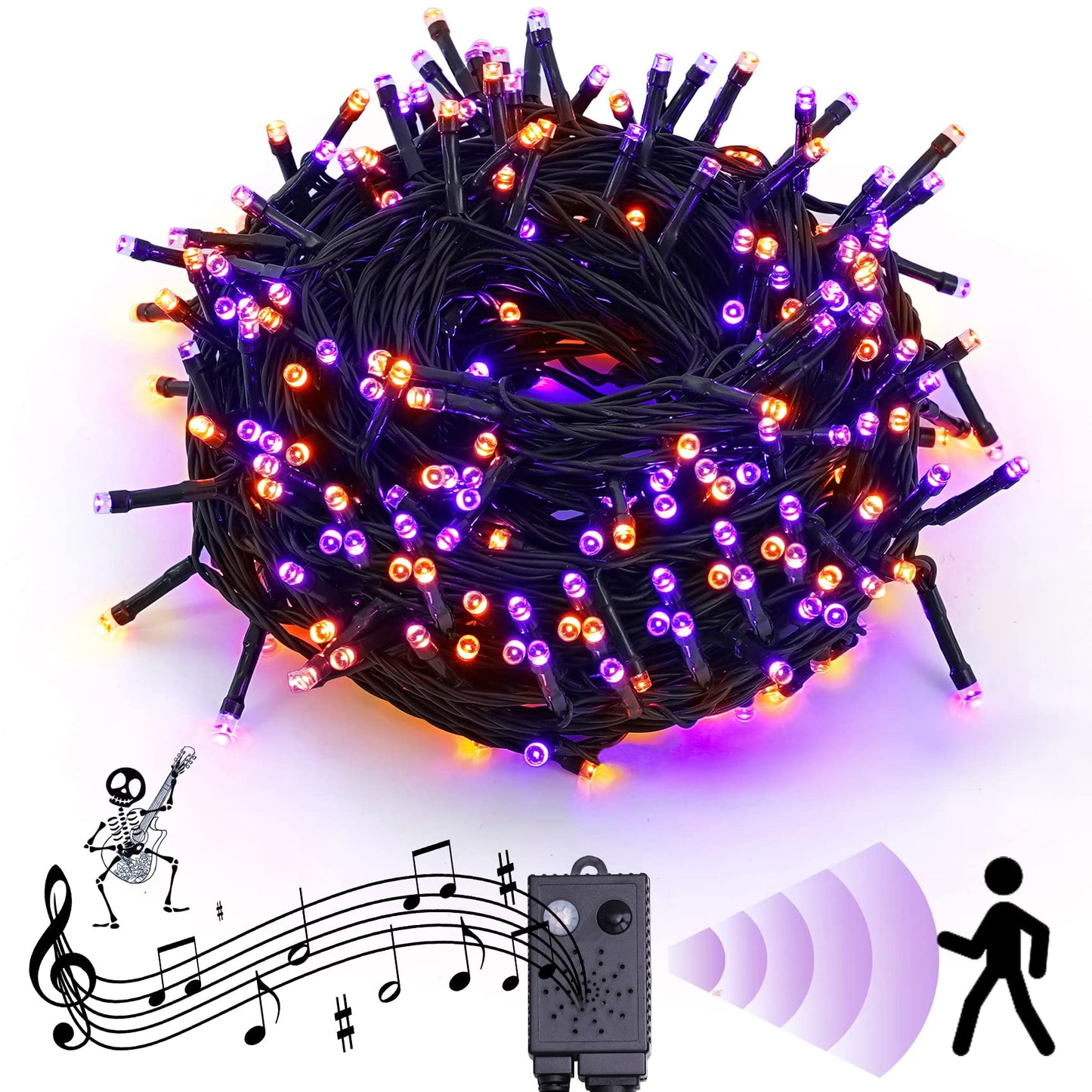 Rotu Halloween String Lights Outdoor with Music Sync Spooky Sounds 300 LED 114.8ft Indoor Fairy String Lights Waterproof Function for Halloween Party Haunted House Decorations (Purple & Orange)