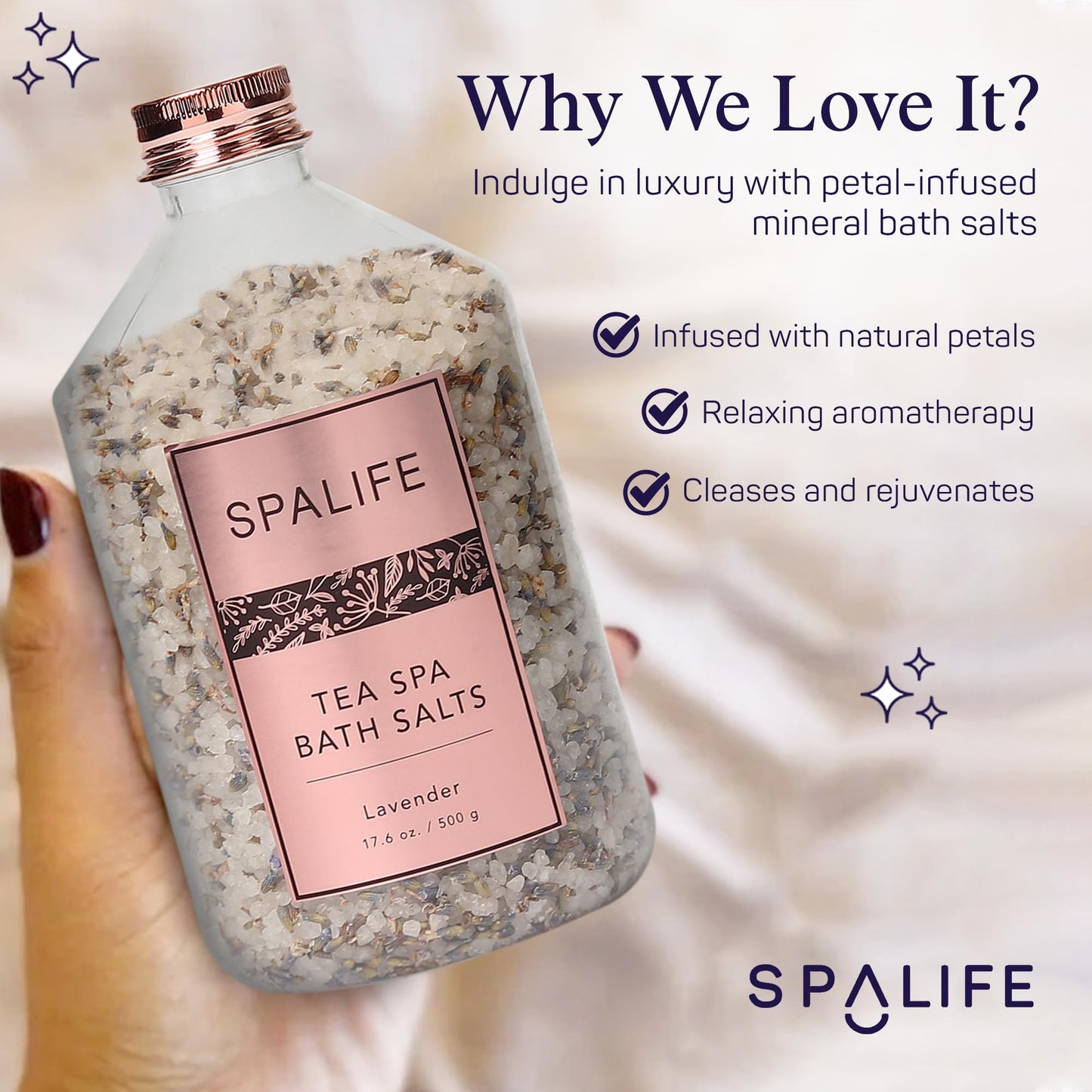 SpaLife Effervescent Rose & Lavender Bath Salts for Women Relaxing | Mothers Day Gifts & Aromatherapy Dead Sea Salt Bath Soak Duo | Real Flower Petals for Relaxing Mineral Baths | 2-Pack (35.2 oz)