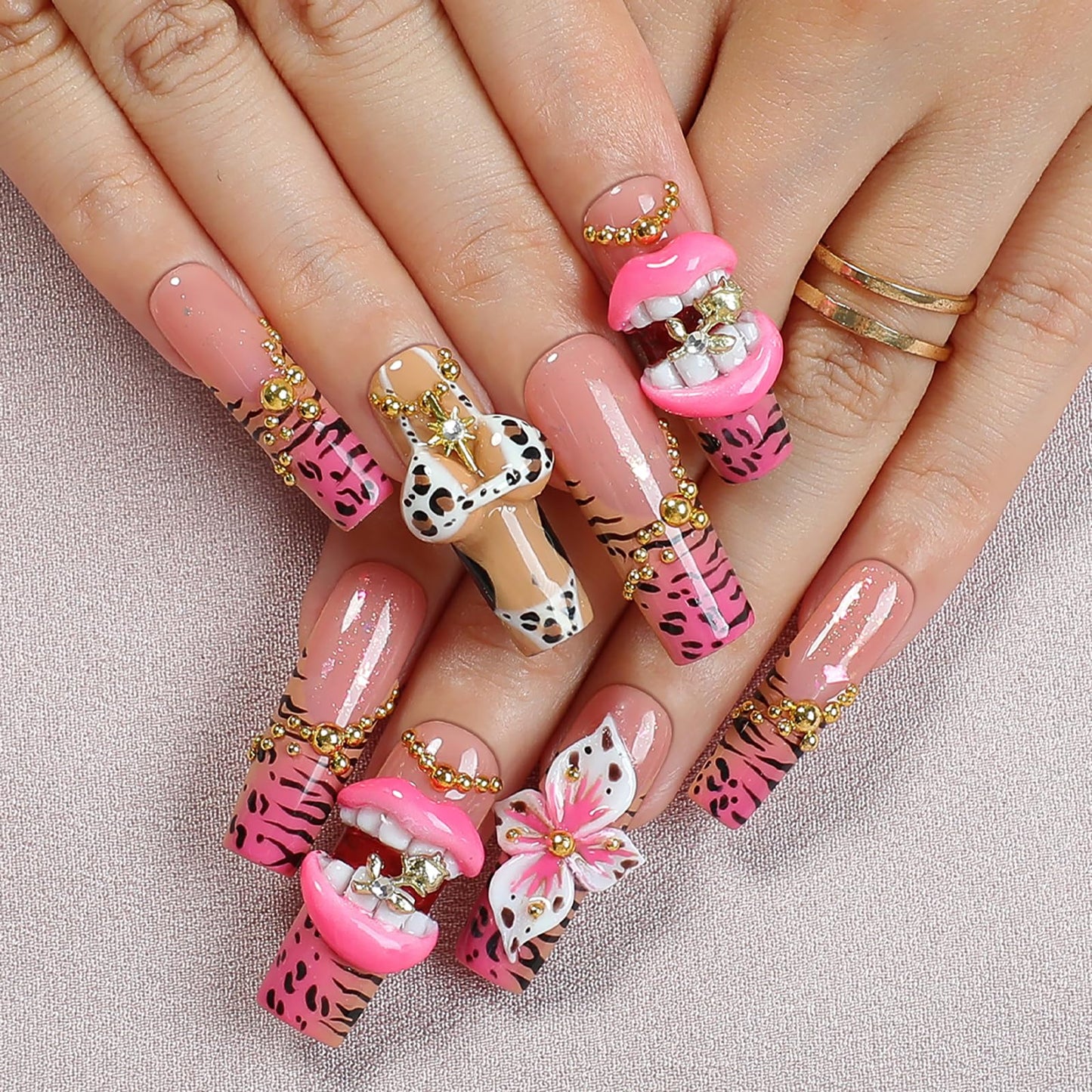 XGV Handmade Sheer Nude Base with 3D White Floral Design & Pearl Accents - Reusable Acrylic French Tip