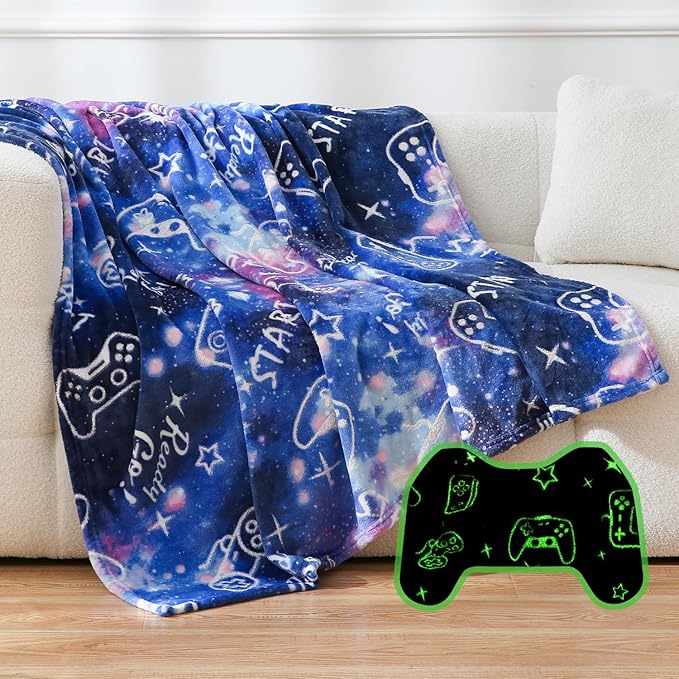 SOCHOW Glow in The Dark Gaming Blanket for Gamers, Soft Cozy Gamepad Game Controller Throw Gift Toys for Teens Youths Adults, Birthday Easter Room Decor Blanket, Blue 50 x 60 Inches