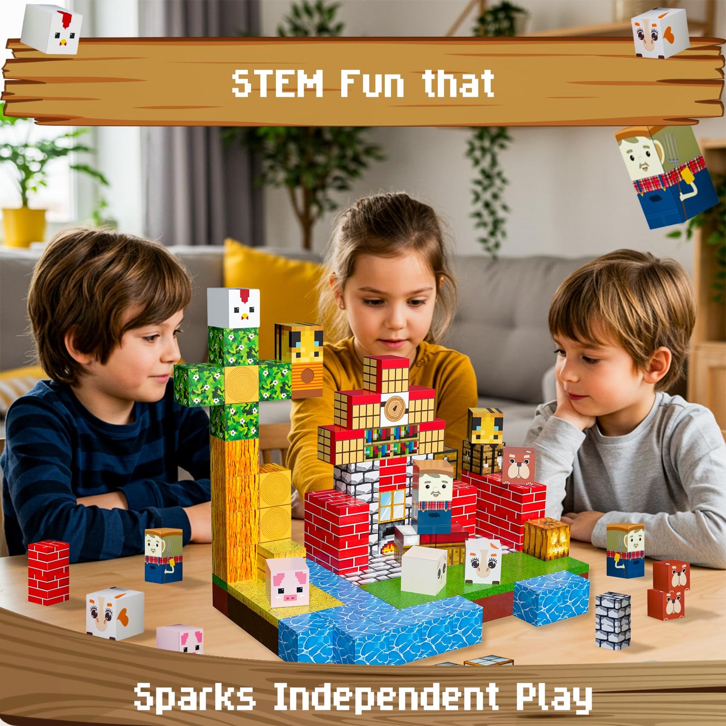 ClickCubz Farm-Themed Magnetic Blocks – 150PCS STEM Toy Gift for Kids Age 3+ w/Storage Box, BPA-Free, Stackable Strong Magnets