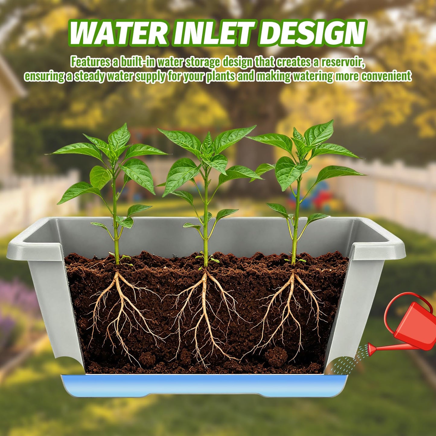 7 Pack Outdoor Planters, Plastic Rectangular Flower Pots with Saucers and Gardening Tools, 17 Inches for Indoor/Outdoor Plants, Herbs, Vegetables, Includes Trowel, Waterproof Mat & Gloves(Offwhite)