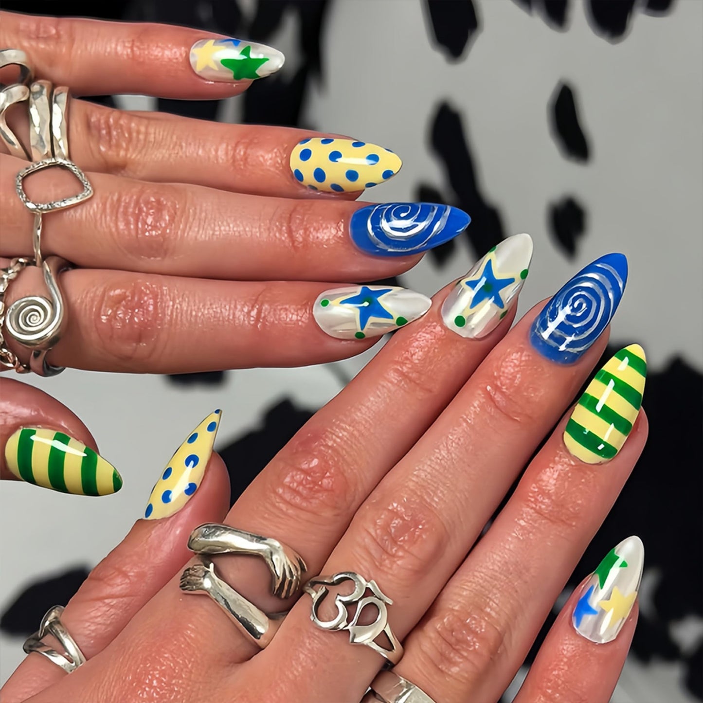 Long Press on Nails Almond Fake Nails Multicolor Artificial Nail Star Spiral Stripe Polka Dot Glossy Stick on Nail Fun Retro Pop Style for Women 24pcs