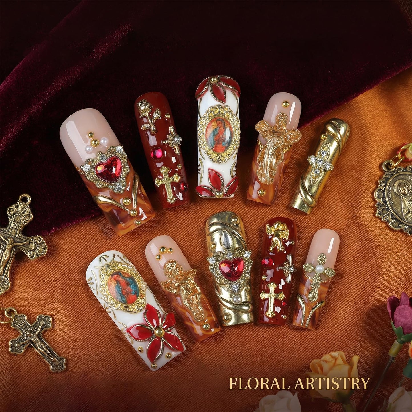 Handmade Gothic Press on Nails, Gold Cross Charm Long Square Nails, Luxury 3D Sacred Heart Angel Design False Nails, Reusable Full Cover 10pcs Set – Appife