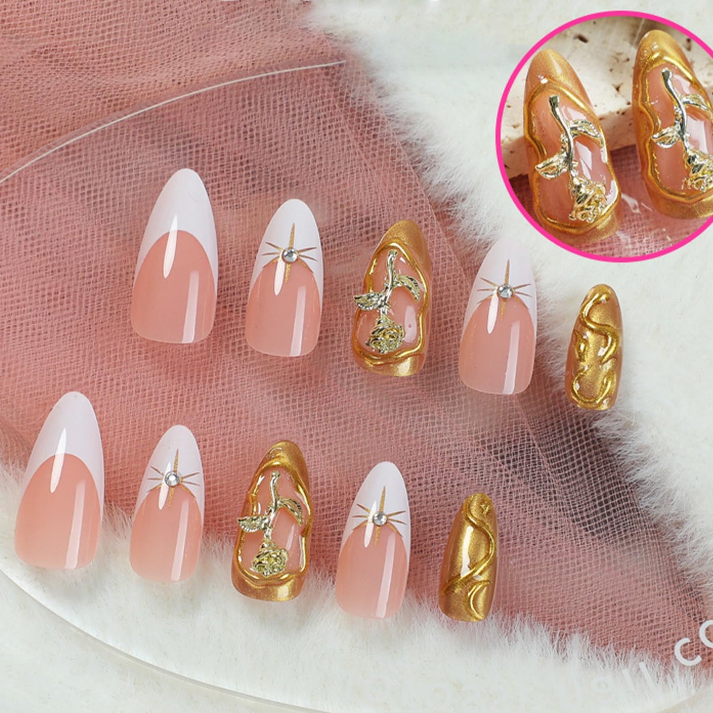 SINHOT Almond Press on Nails Medium Fake Nails Glossy Glue on Nails 3D Gold Rose Acrylic Nail Gold Chrome Stiletto Artificial Nail French Tip Stick on False Nail with Design 24 pcs