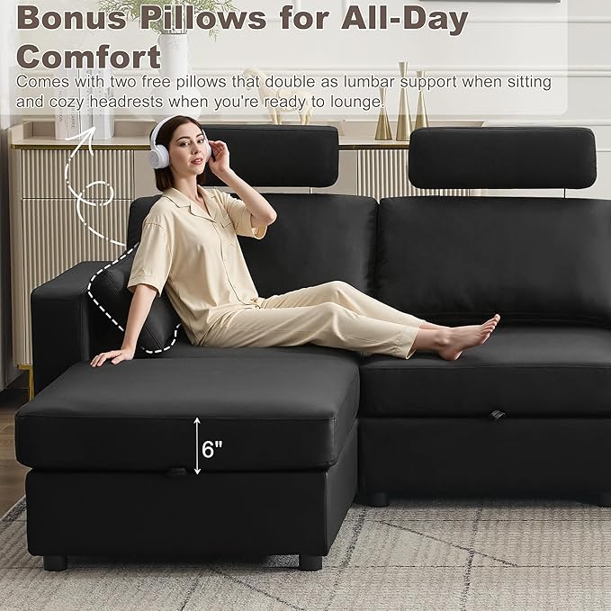 41.1" Accent Storage Sofa Chair with Ottoman, Faux Leather Living Room Chaise Lounge Chair with Headrest & Side Pockets, Modern Upholstered Comfy Arm Chairs, Sleeper Sofa, Reading Club Chairs, Black