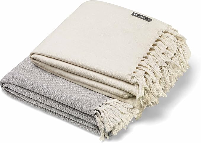 Vera Wang - Throw Blanket, Luxury Cotton Bedding, Lightweight Home Decor for All Seasons (Twill Fringe Charcoal Grey, Throw) 50" x 60"