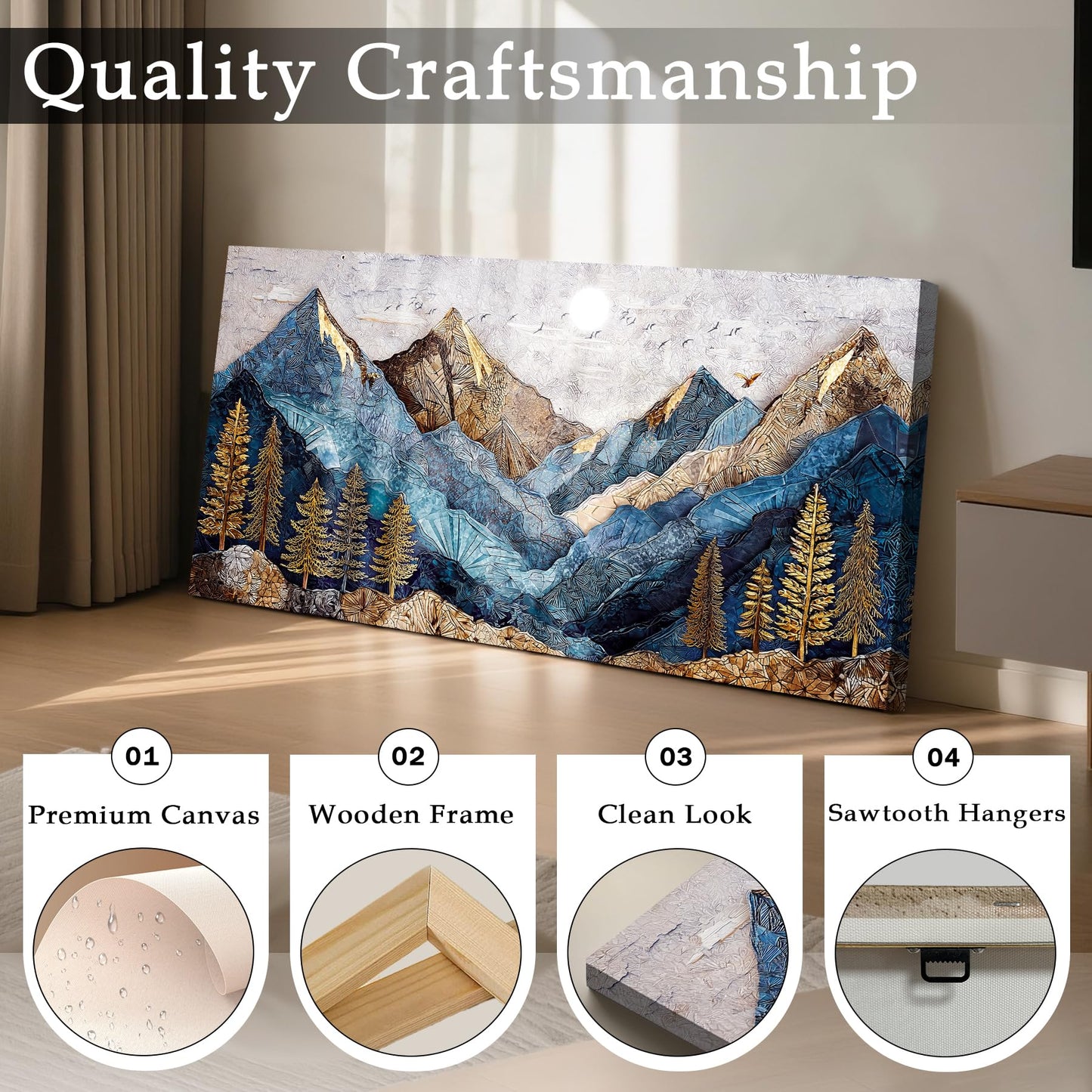 imjiayu Mountain Wall Art, Large Wall Decor, Landscape Wall Art, Modern Abstract Scenery Art, Rustic Picture Nature Prints, Blue and Gold Paintings for Living Room Bedroom Kitchen Home Office 20"x40"