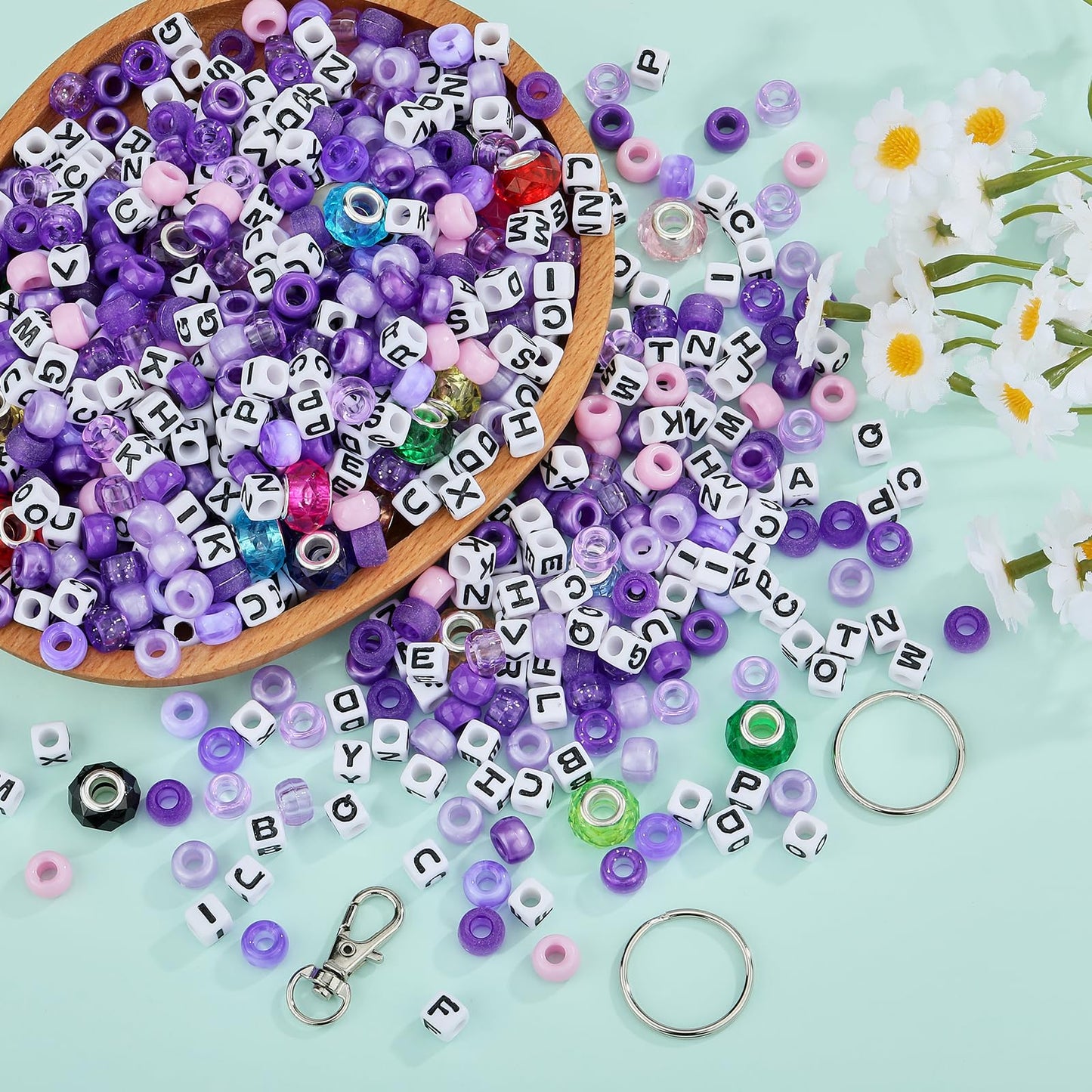 BEEFLYING 750 Pcs DIY Bead Keychain Kit Key Chain Making Crafts Letter Beads Strings Adjustable Alphabet Key Ring Jewelry Backpack Accessories Holiday Party Festival Favor Gift (Purple)