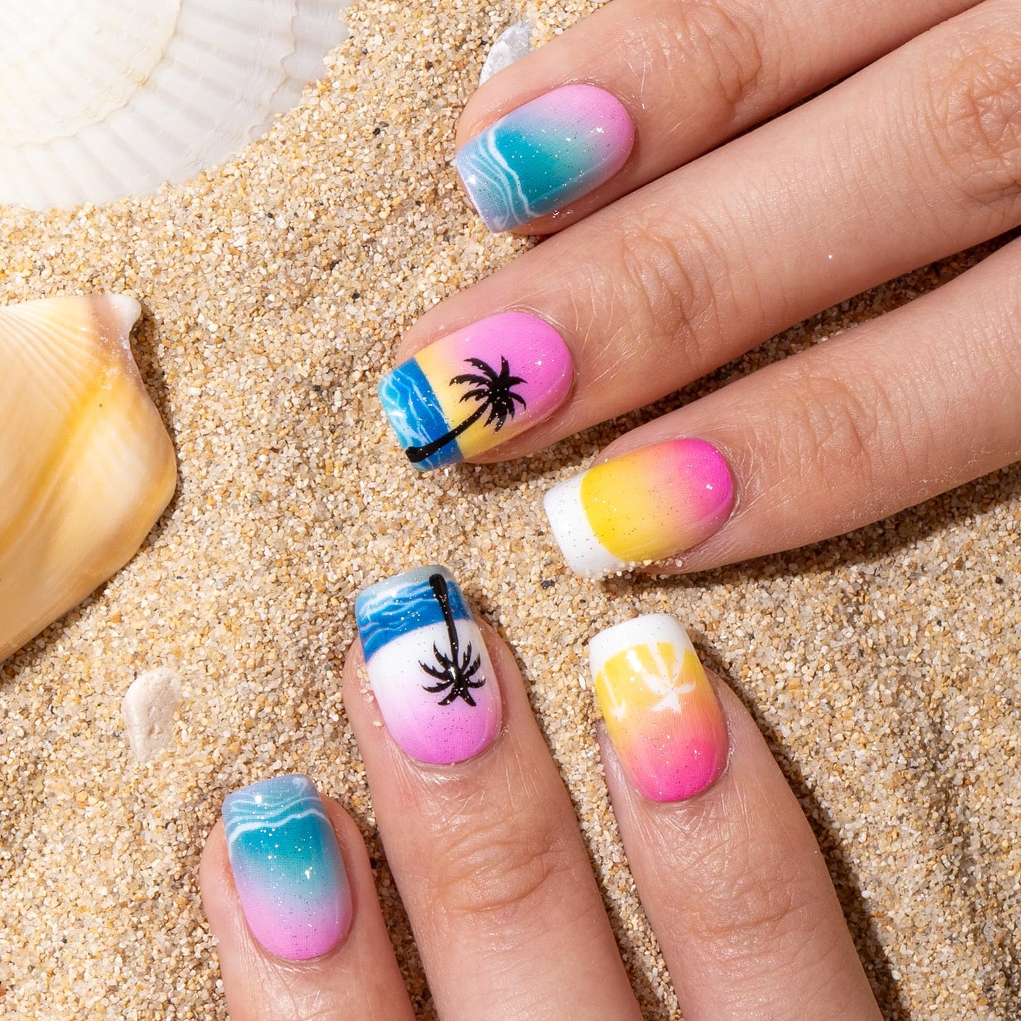Curvlife Tip Press on Nails Acrylic Fake Nails with Design Full Cover False Nails for Women Reusable Nail Kit with Nail Glue Adhesive Tabs Nail File (Hawaii1, Medium)