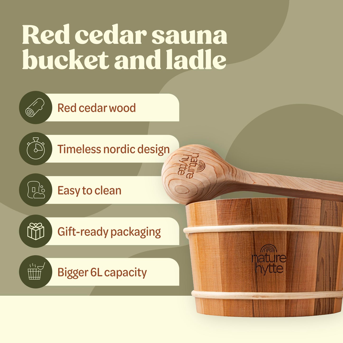 Nature Hytte Red Cedar Sauna Bucket and Ladle Set 6L (1.6 Gallon) - Natural Rope Handle - Premium Red Cedar Wood - Natural Aroma - Elegant Gift-Ready Packaging