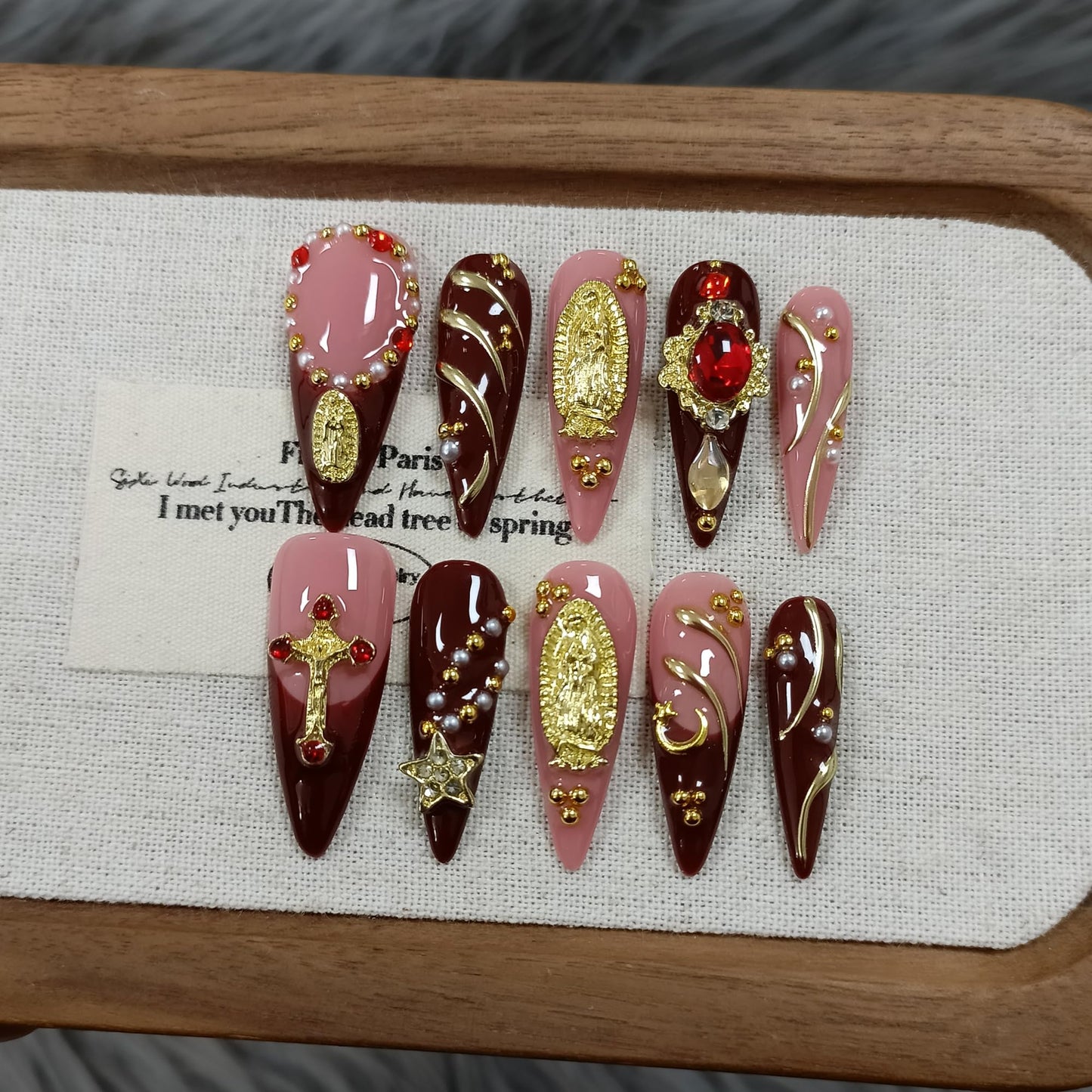 TENPAL Handmade Press on Nails Long Stiletto - Nude Pink Wine Cross Design Fake Nails with 3D Religious Charm | Acrylic Glossy Icy False Nails with Tools | Chapelcore Y2K Nails(M)