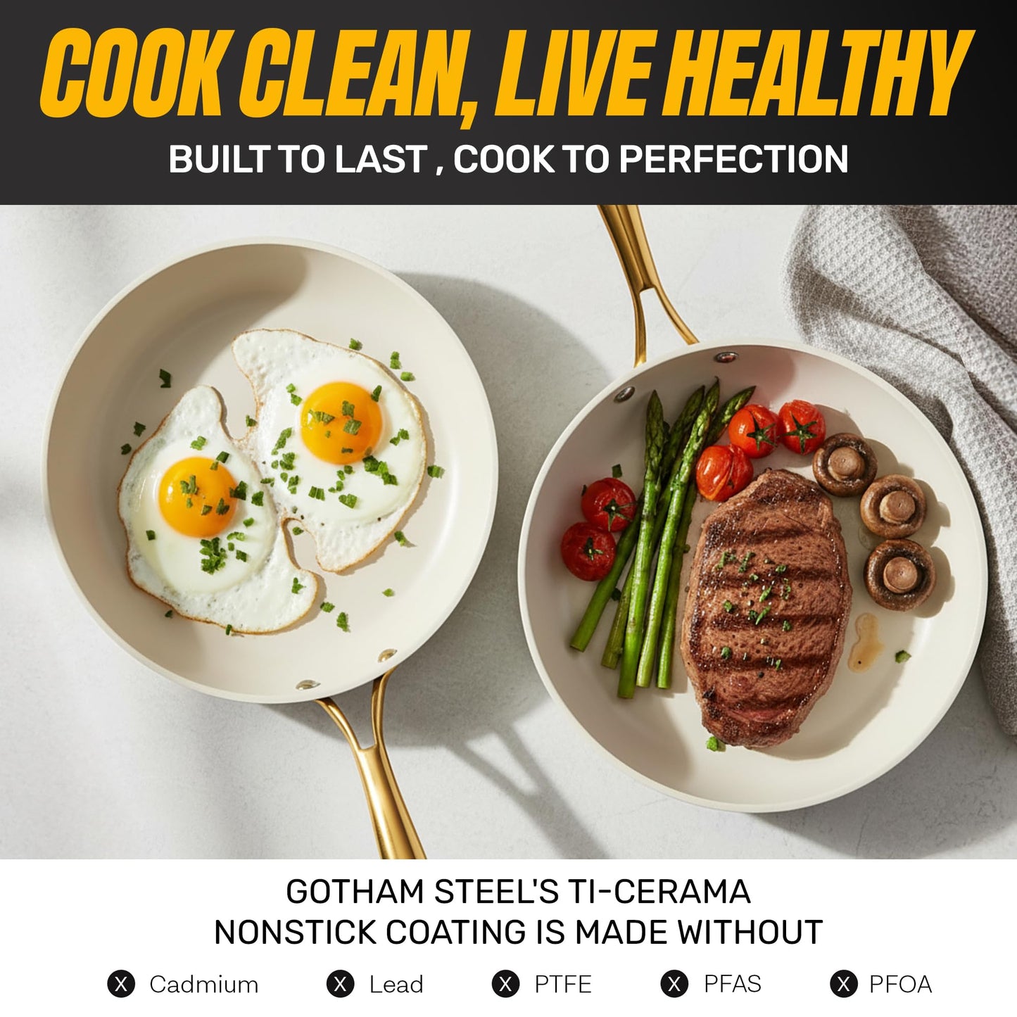 Gotham Steel 15 Pc Ceramic Cookware Set, Ceramic Pots and Pans Set Non Stick with Cooking Utensils and Steamer, Non Toxic PFOA PFOS Free, Premium Gold Stay Cool Handles, Oven & Dishwasher Safe