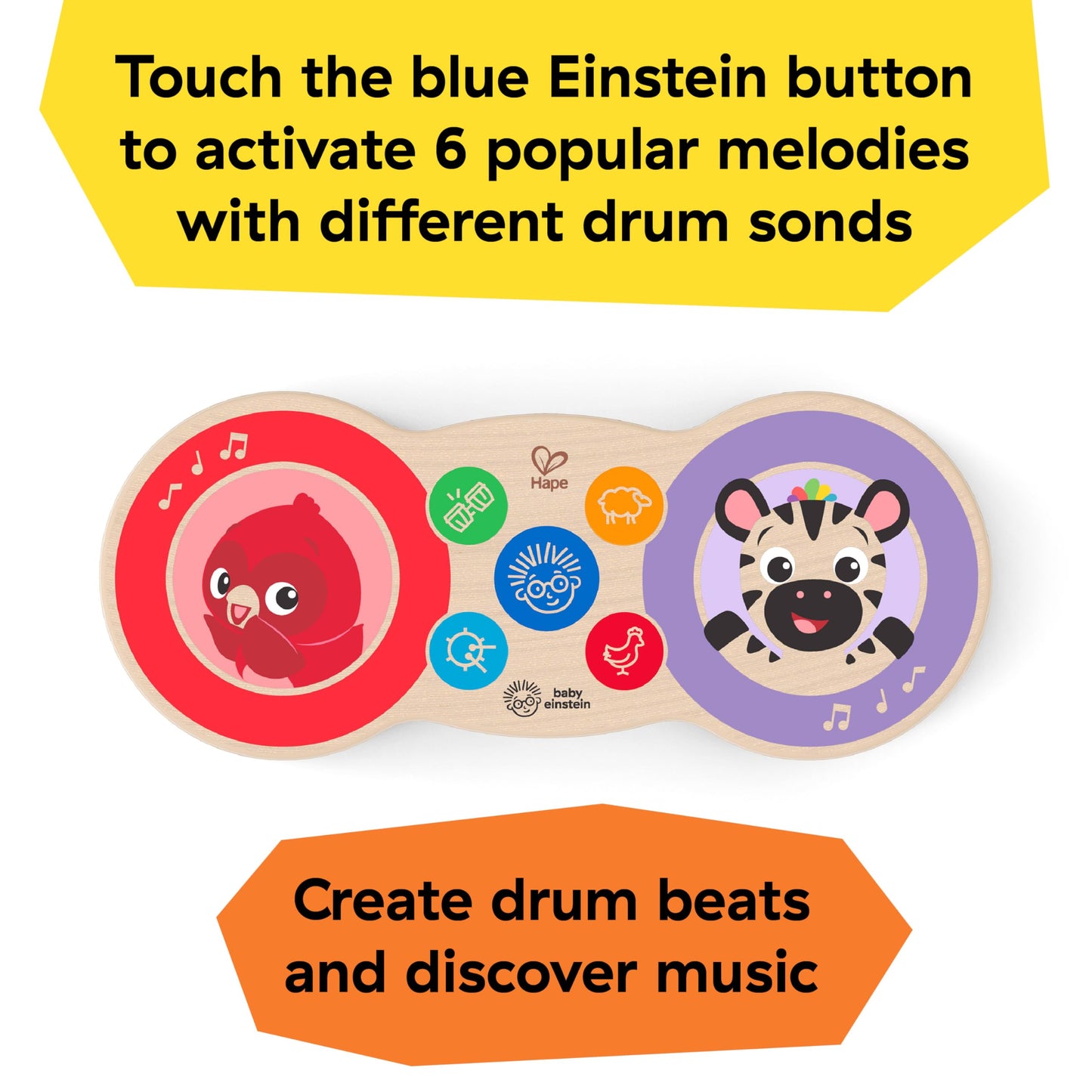 Baby Einstein Upbeat Tunes Magic Touch Wooden Drum Musical Toy, Ages 6 Months +