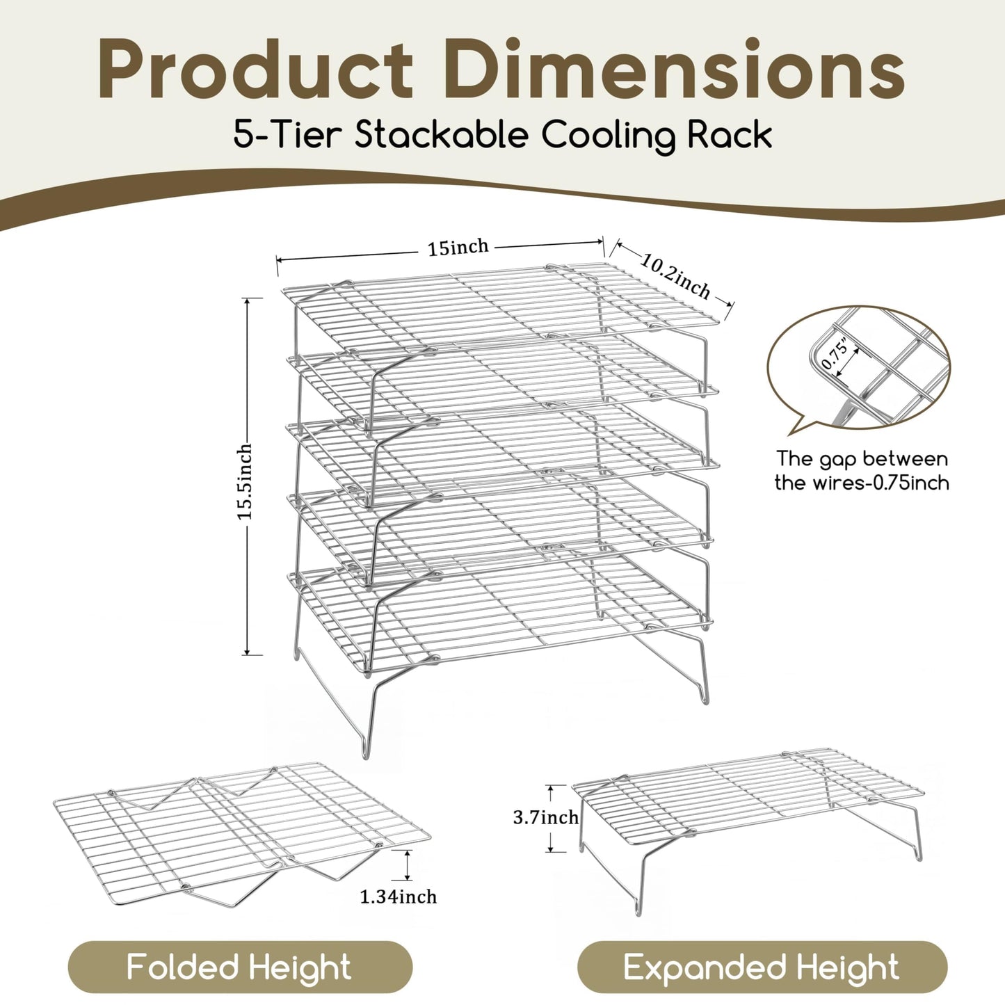 Herogo 5-Tier 15" x 10" Cooling Rack, Stainless Steel Baking Rack for Cookies, Cupcakes, and Pastries, Collapsible Space-Saving Design, Dishwasher Safe, Ideal for Baking, Roasting, and Drying