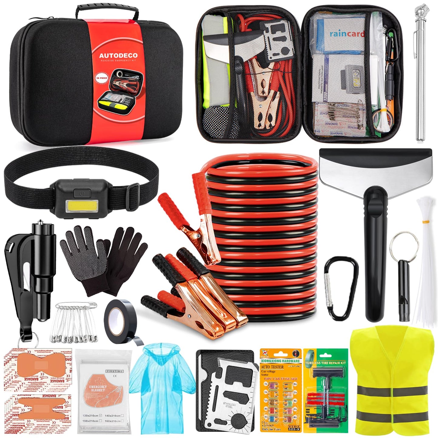AUTODECO Roadside Emergency Kit Car Safety Kit with Jumper Cables Car Kits for Emergency, Black