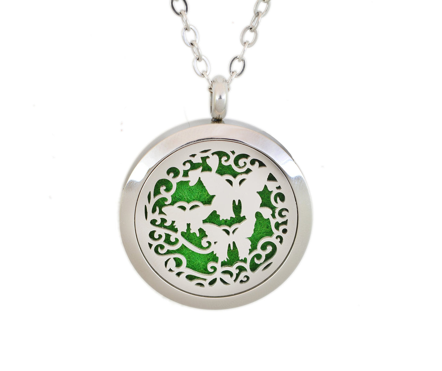 Aromatherapy Essential Oil Diffuser Stainless Steel 30MM Silver Magnetic Locket Pendant with Chain Necklace and Colored Refill Pads & Diffuser Bracelet All in a Velvet Bag (butterfly3)