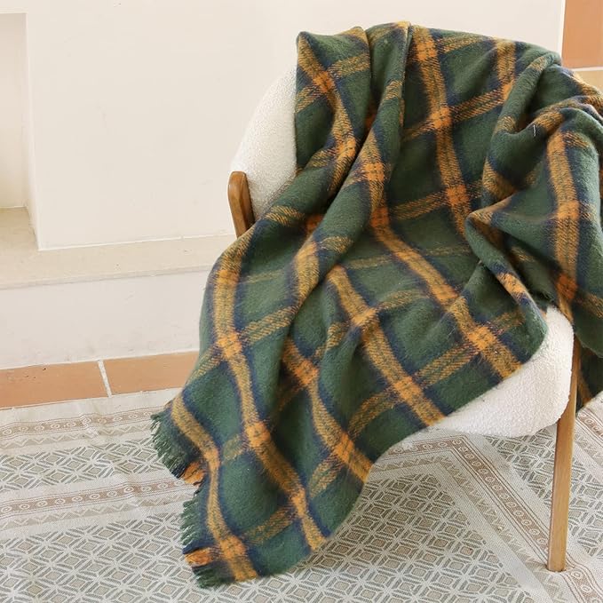 ZonLi Green Plaid Throw Blanket for Couch, Fall Throw Blanket for Home Decor, Soft Lightweight Cozy All Season Decorative Vintage Blankets with Tassel for Bed and Sofa, 50'' x 60''