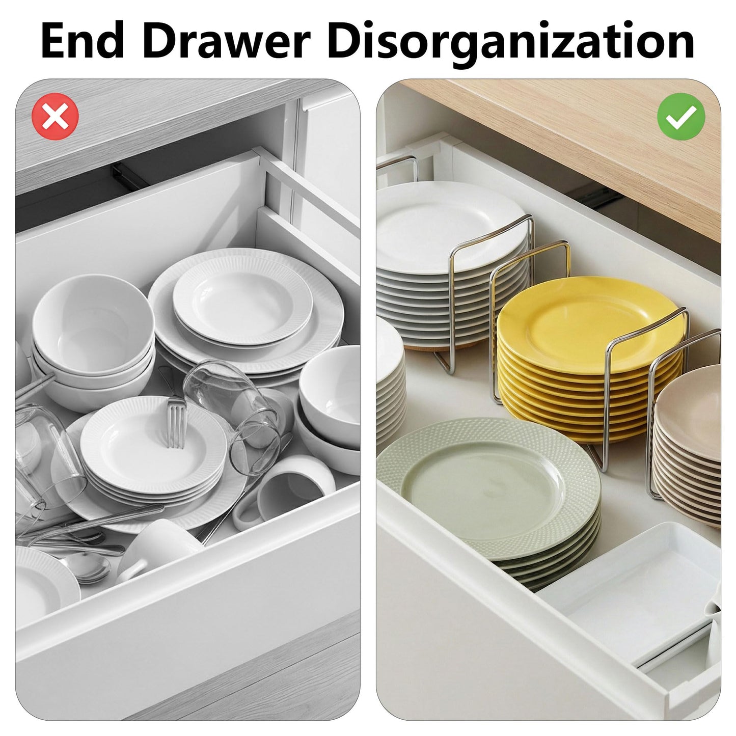 Adjustable Dish Rack for Kitchen Counter - Bamboo Plate Holder Organizer for Cabinet Wooden Bowl Organizer Stainless Steel Plate Stand Storage for Kitchen Drawer Countertop Cupboard Shelf RV