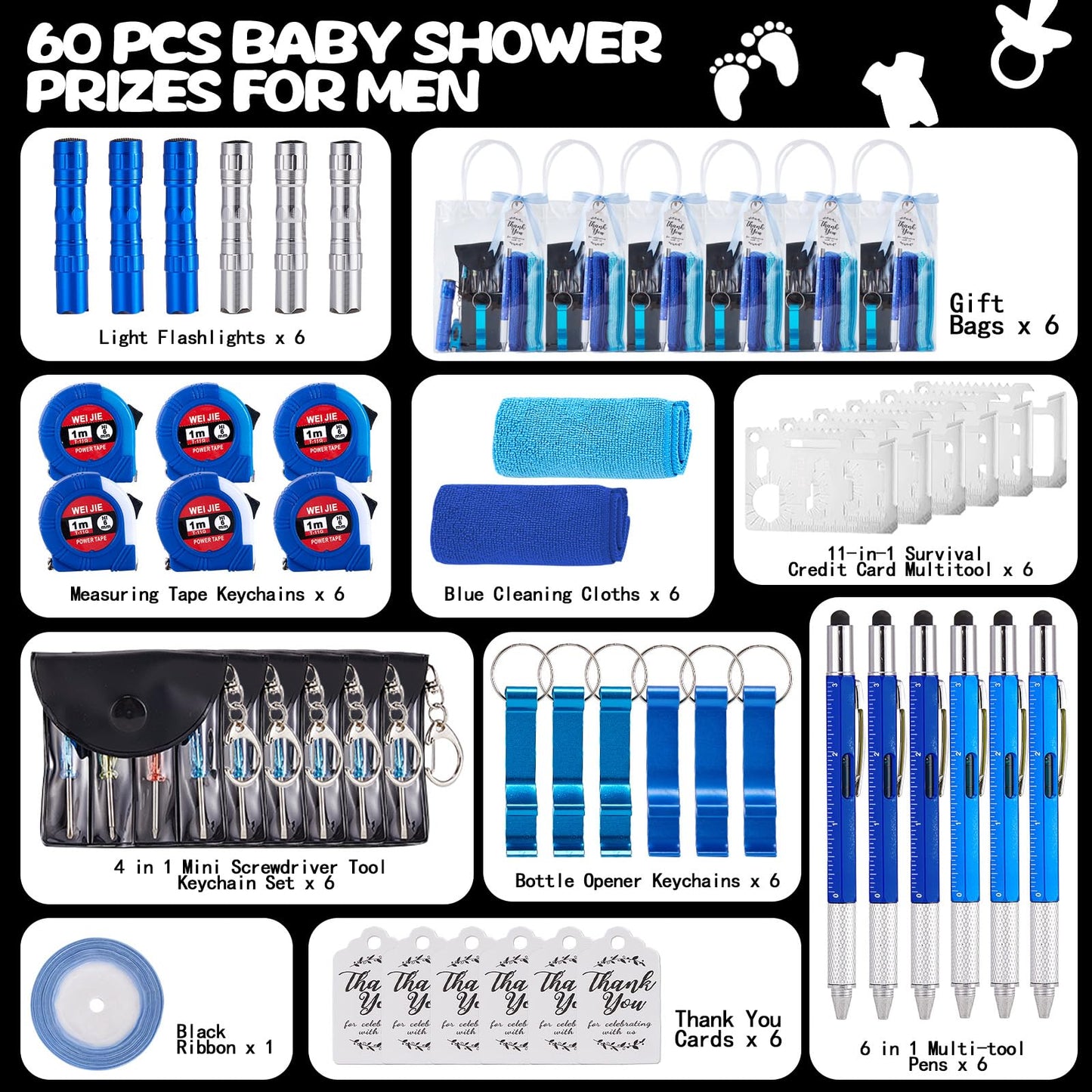 Wishfond 60PCS Baby Shower Prizes for Men 6 Set with Cleaning Cloth Bottle Opener Screwdriver Tape Measuring Keychain Multi Tool Pen Gift Bag Baby Shower Game Prizes for Winner Bachelor Party (Blue)