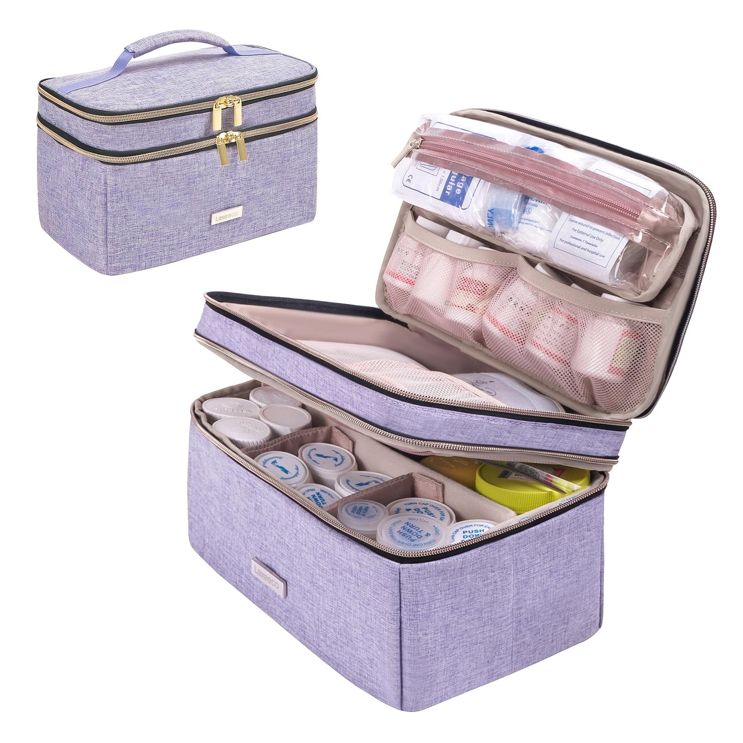 Lexeeco Medicine Storage Bag Pill Bottle Organizer with Portable Small Pouch Travel Medication Bottle Organizer for Emergency Home First Aid Box Kit (Purple)