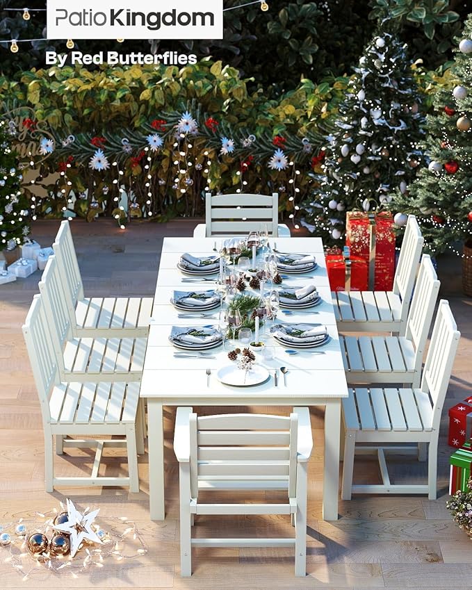 7-Piece White Outdoor Dining Set with White 15FT Large Patio Umbrella, 75.2'' HDPE Table & Chairs for 6, Weather-Resistant Furniture with Umbrella Hole for Patio, Lawn, Poolside