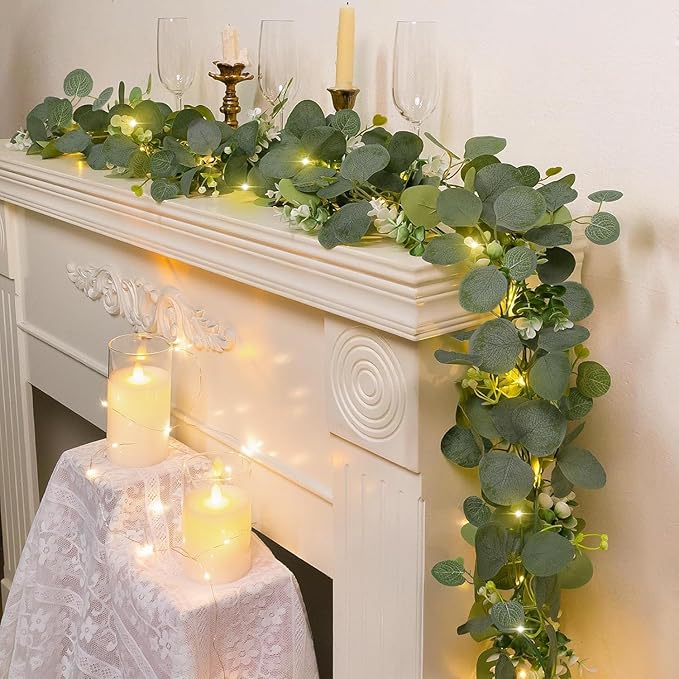 N&T NIETING 6 Pack Artificial Eucalyptus Garland with Lights, 6FT Artificial Greenery Garlands, Battery Operated Twig Vine for Room Stairs Mantle Wedding Holiday Easter Decoration Indoor Outdoor