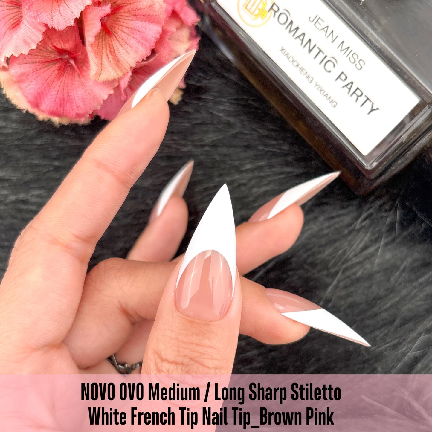 NOVO OVO Medium Long Sharp Stiletto Nail Tips (White French Tip) - Brown Pink Nude Soft Gel Press Ons, Pre-Designed Full Cover Fake Nails for Instant Salon Manicure, 16 Sizes (160 Pcs)