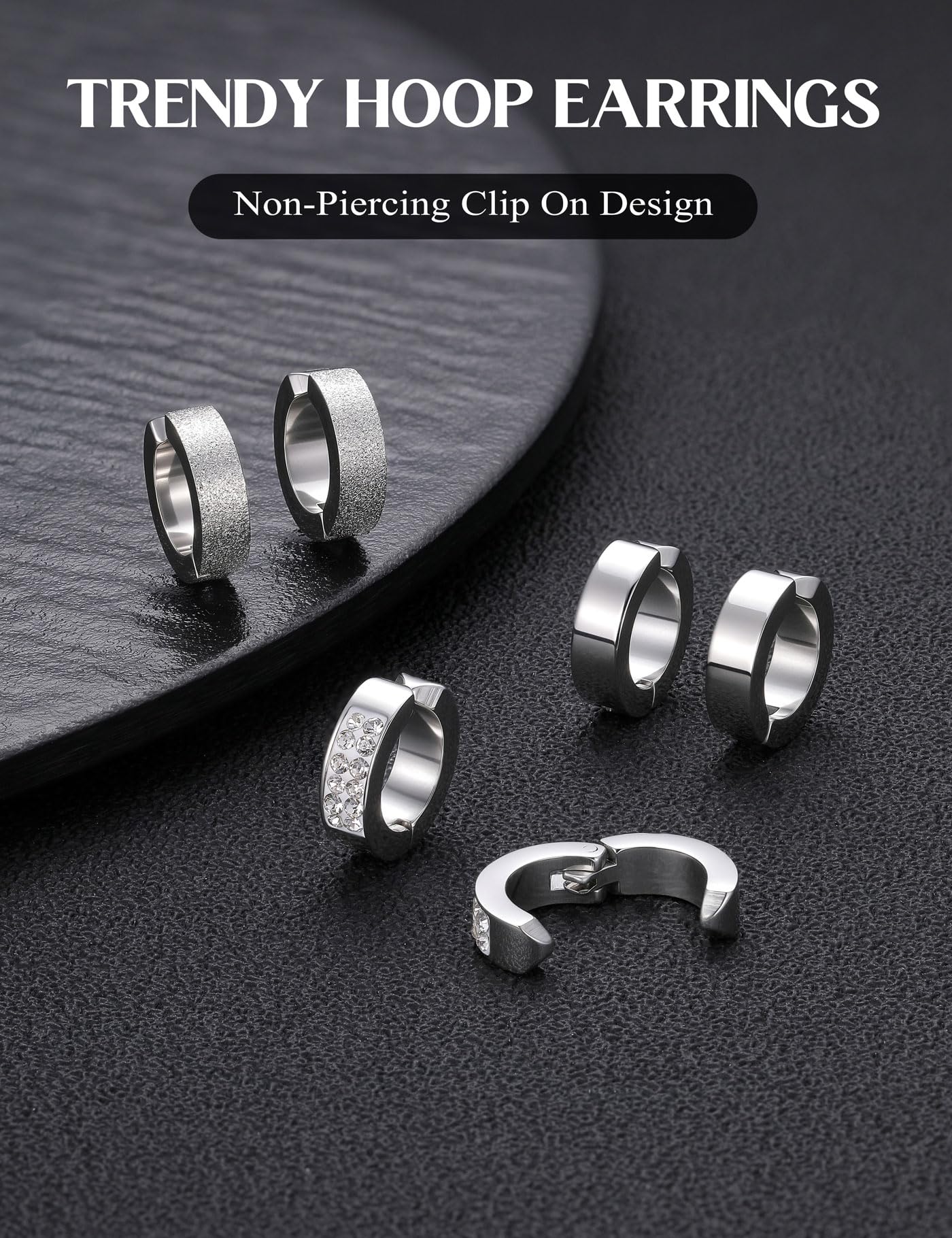 Jstyle 3 Pairs Stainless Steel Mens Womens Hoop Earrings Clip On CZ Non-Piercing S