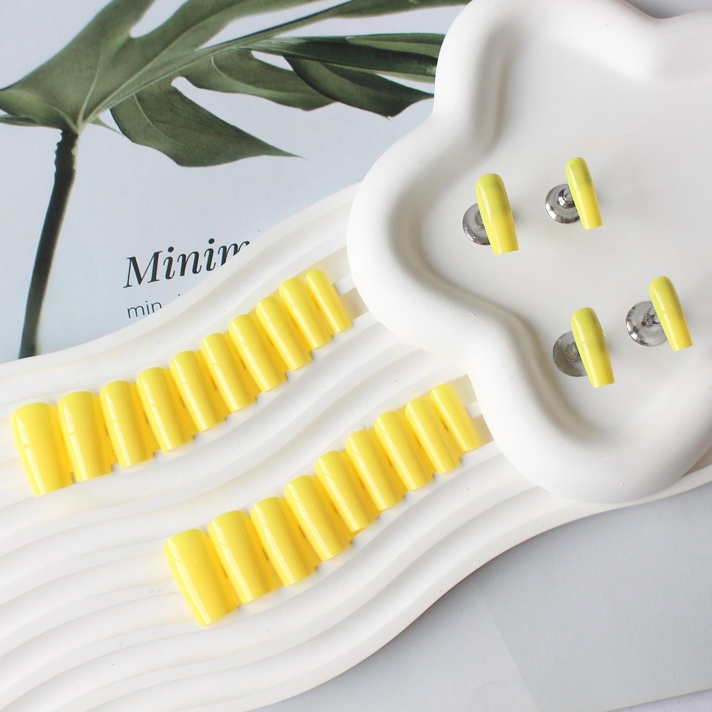 Yellow Press On Nails Medium Long Square, Xcreando Medium Coffin Nails Acrylic Nails Press ons Glue on Nails Medium Length, Solid Color Fake Nails for Women, Natural Thick Artificial Nails Stick on