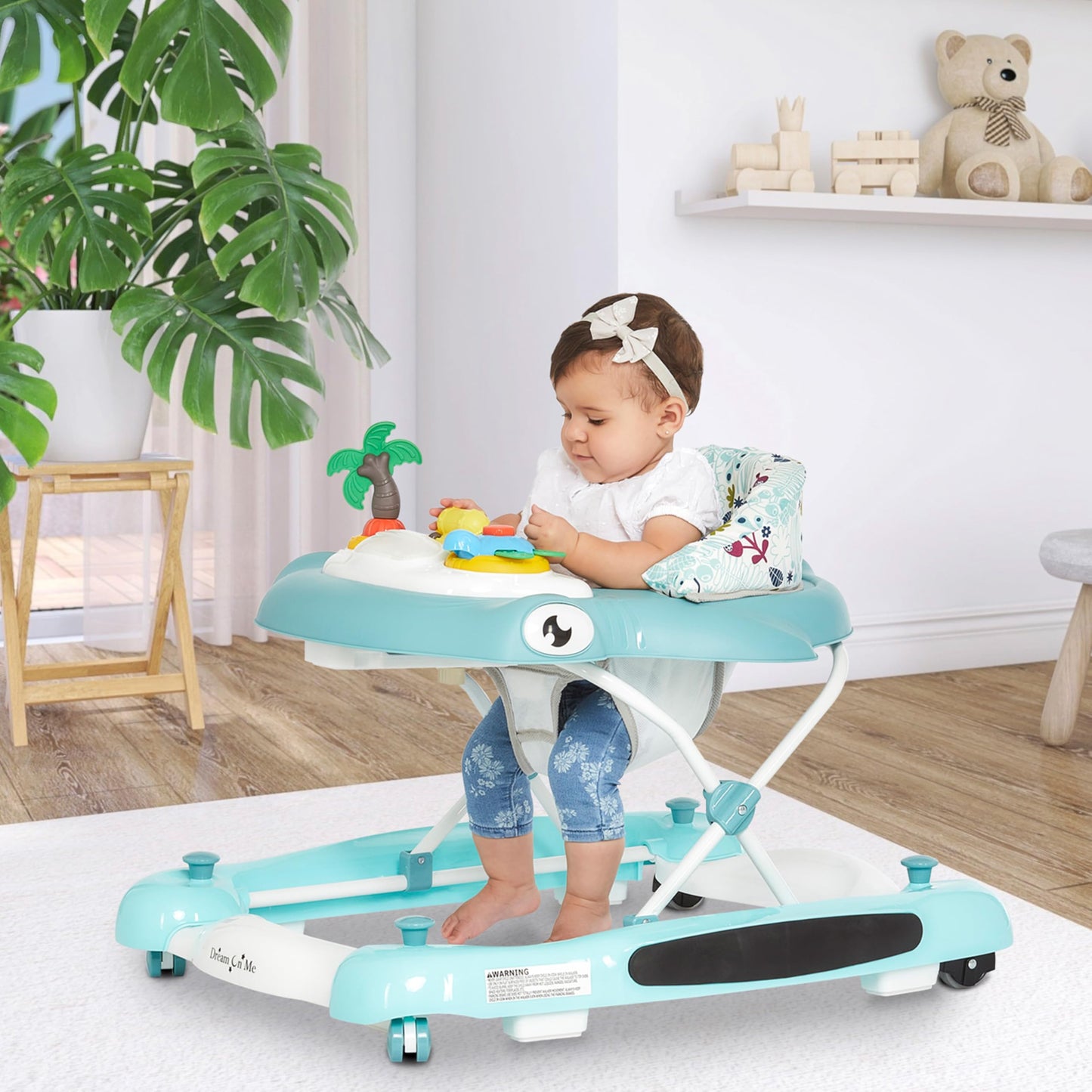 Dream On Me Aloha Baby Walker, 2-in-1 Foldable Infant Activity Walker with Adjustable Height, Musical Toy Tray, Padded Seat & Removable Foot Mat, Compact Folding Design for Babies 6–36 Months - Blue