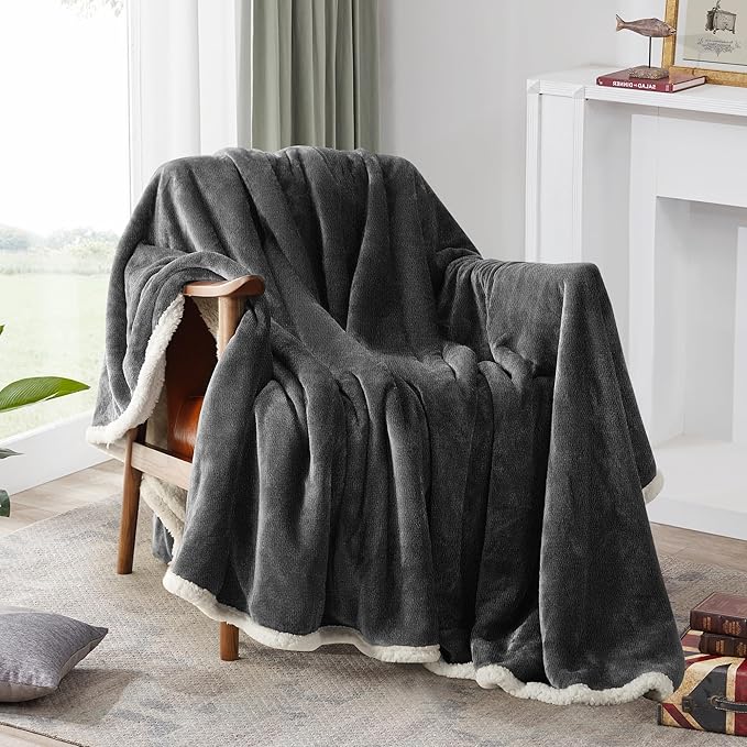 BEAUTEX Sherpa Fleece Throw Blanket Twin Size for Couch - Thick and Warm Blanket for Winter, Fluffy Flannel Plush Twin Blanket, Fuzzy Grey Cuddle Blankets for Couch Bed Sofa (60" x 80", Grey)