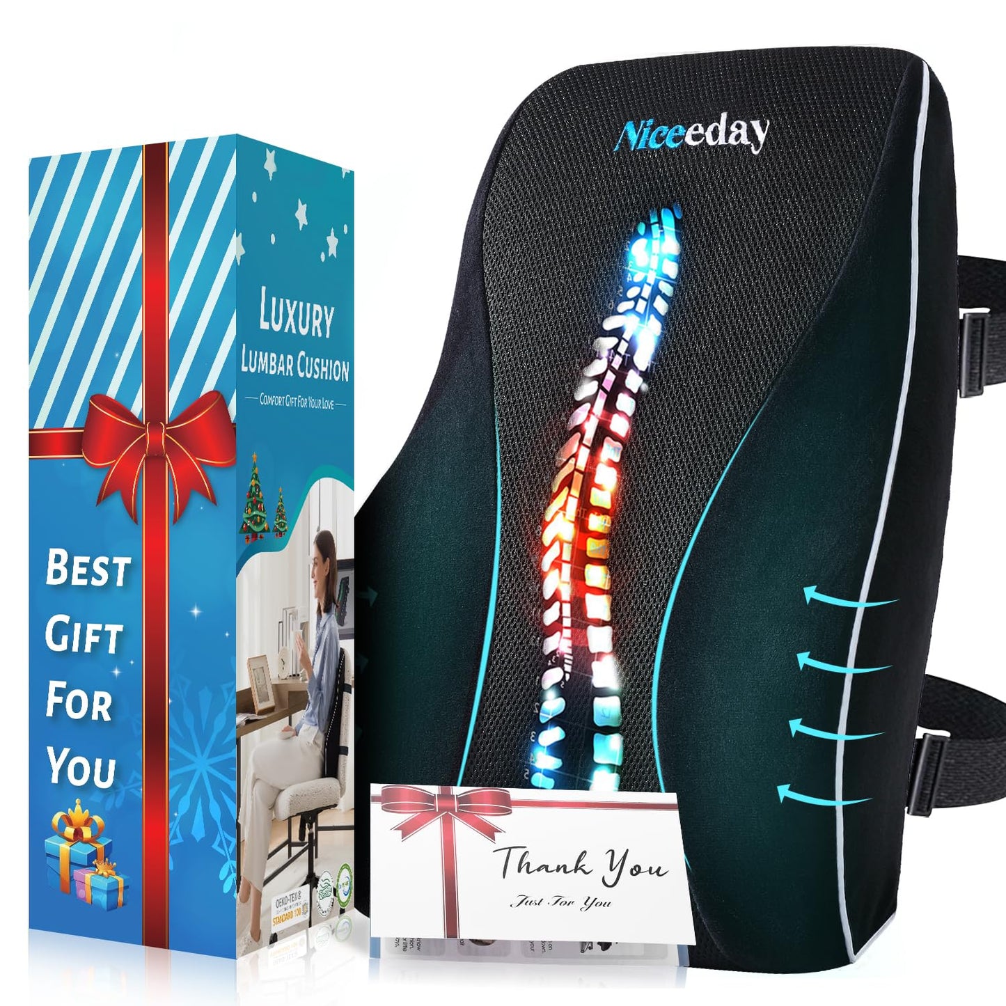 Lumbar Support Pillow for Office Chair Car, Gaming Chair Lower Back Pain Relief Memory Foam Cushion with Greeting Card,3D Mesh Cover Ergonomic Back Rest, Birthday Gift for Dad,Stocking Stuffers