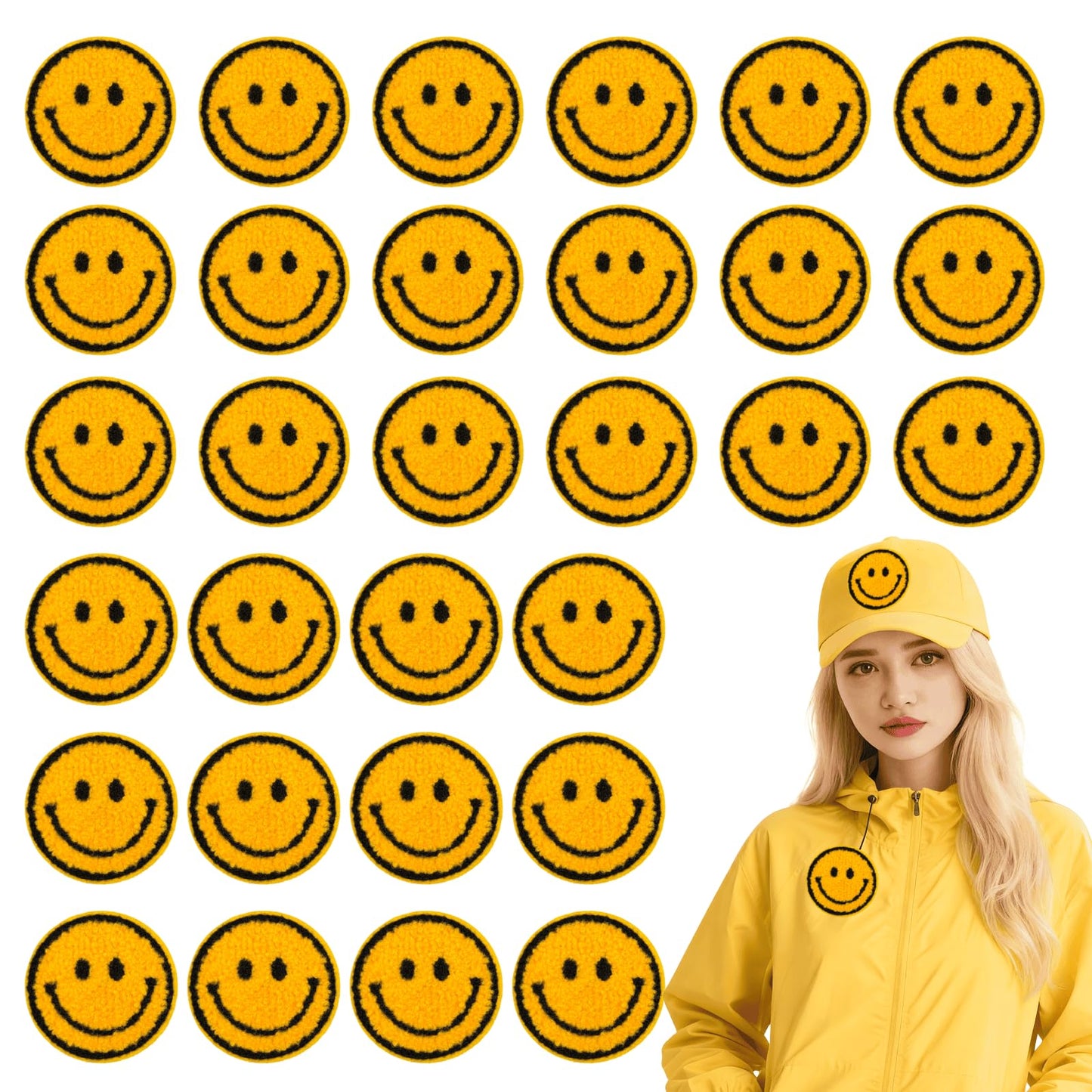 QinXunTa 30PCS Bulk Iron on Patches,Iron on Smiley Face Patch for Hats,Clothing,Jeans(Yellow)