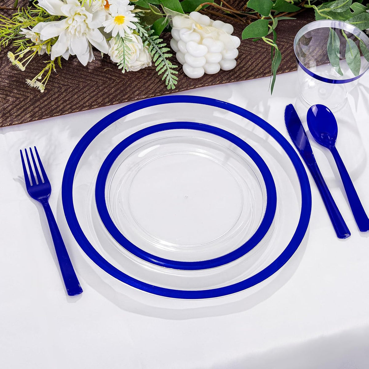 I00000 210 Pcs Dark Blue Plastic Plates, Clear Disposable Plates for 30 Guests, Blue Dinnerware Include 30 Dinner Plates 30 Dessert Plates, 30 Cups, 30 Pre Rolled Napkins with Cutlery Set for Party