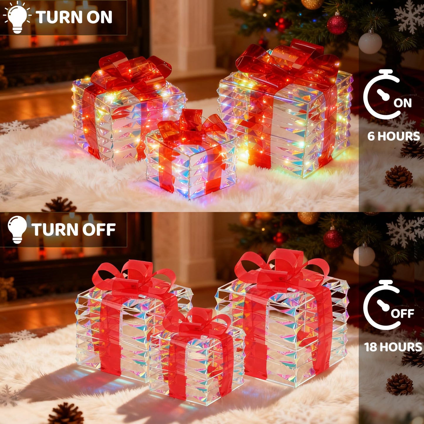 LAWOHO Christmas Lighted Gift Boxes Set of 3 Iridescent Present Boxes with Bow-Knot Battery &USB Powered Light up Box Decorations for Christmas Home Indoor Outdoor Holiday Decoration