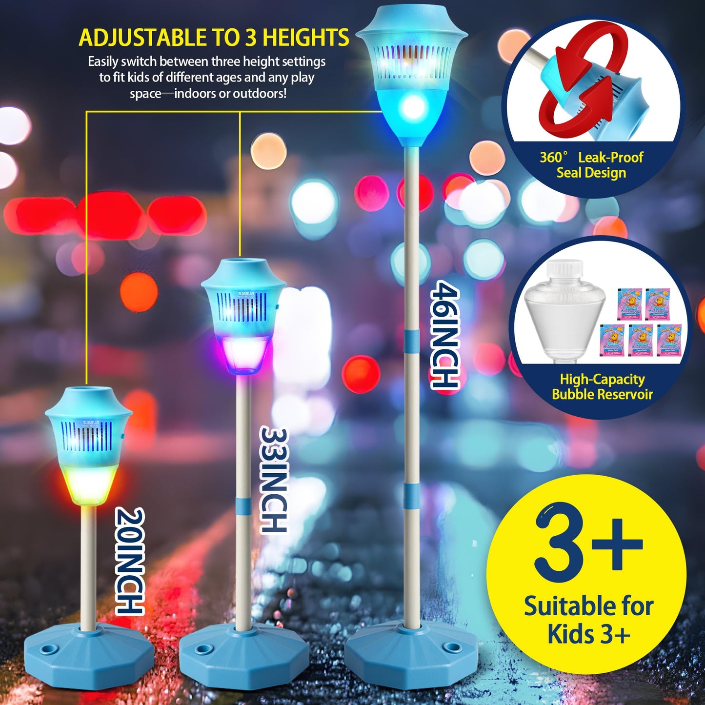 ROHSCE Automatic Bubble Machine with LED Lights & Music, Tall Rechargeable Bubble Maker for Kids, Adjustable Height 47 Inches Outdoor Bubble Stand Machine for Birthday Party, Wedding, Garden, Camping