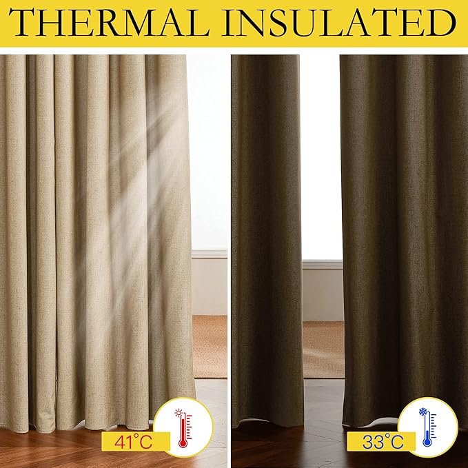 NICETOWN 100% Absolutely Blackout Linen Curtains with Thermal Insulated White Liner, Camel, W52 x L72, 2 Panels, Long Curtains 72 inch Length for Patio Door, Doorway, Office, Overnight Shiftworker