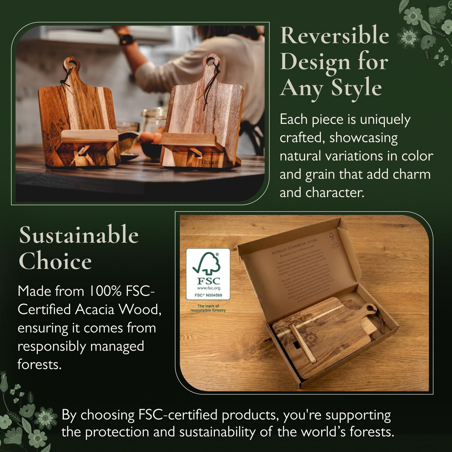 ULLAHOLM Wood Cookbook Stand for Kitchen Counter, Mother's Day Gift for Mom, Reversible Acacia Recipe Book Holder, Cooking Measurement Conversion Card, Adjustable Tablet Holder, Charging Cable Slot