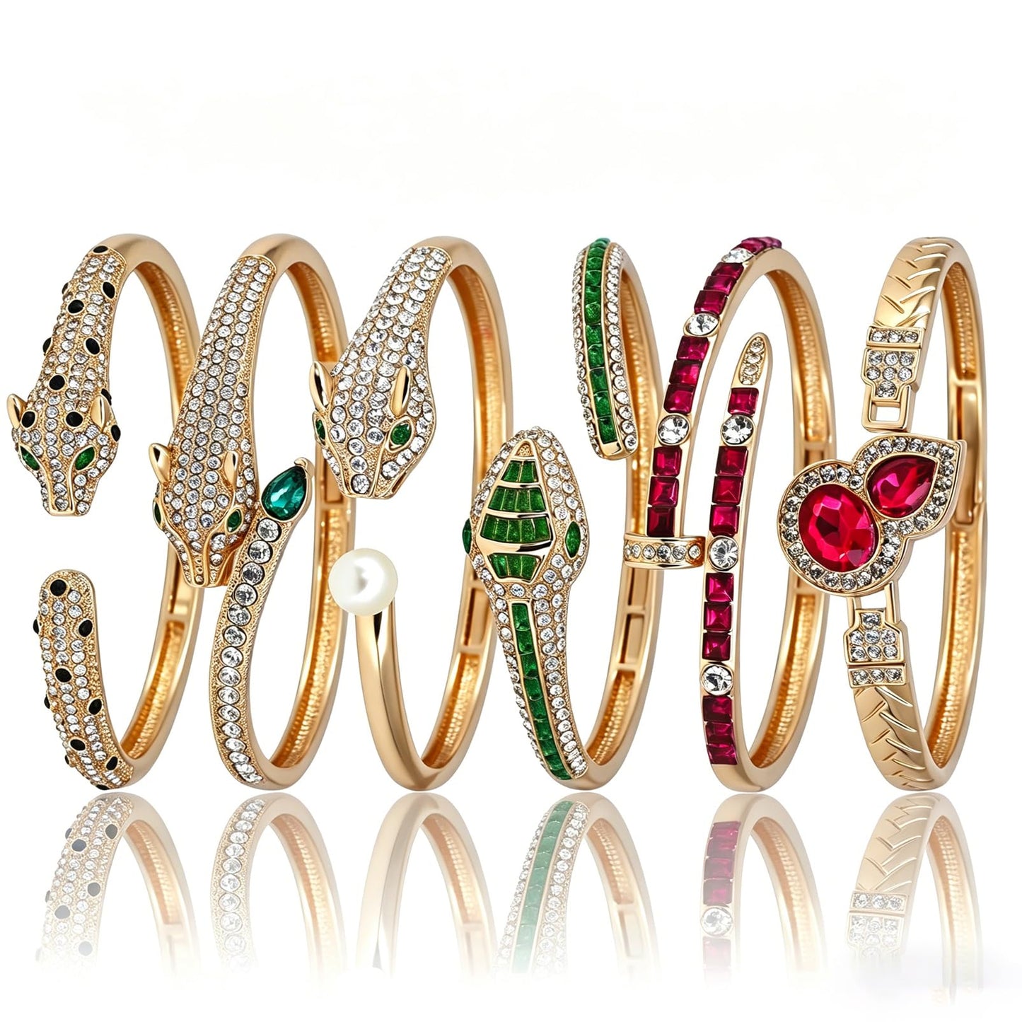 6PCS Gold Designer Bangle Bracelet Set for Women, Wild Luxury Animal-Pattern Design Style, Zinc Alloy with Cubic Zirconia, Stackable, Ideal Gift for Birthday Christmas Valentine's Day Mother's Day