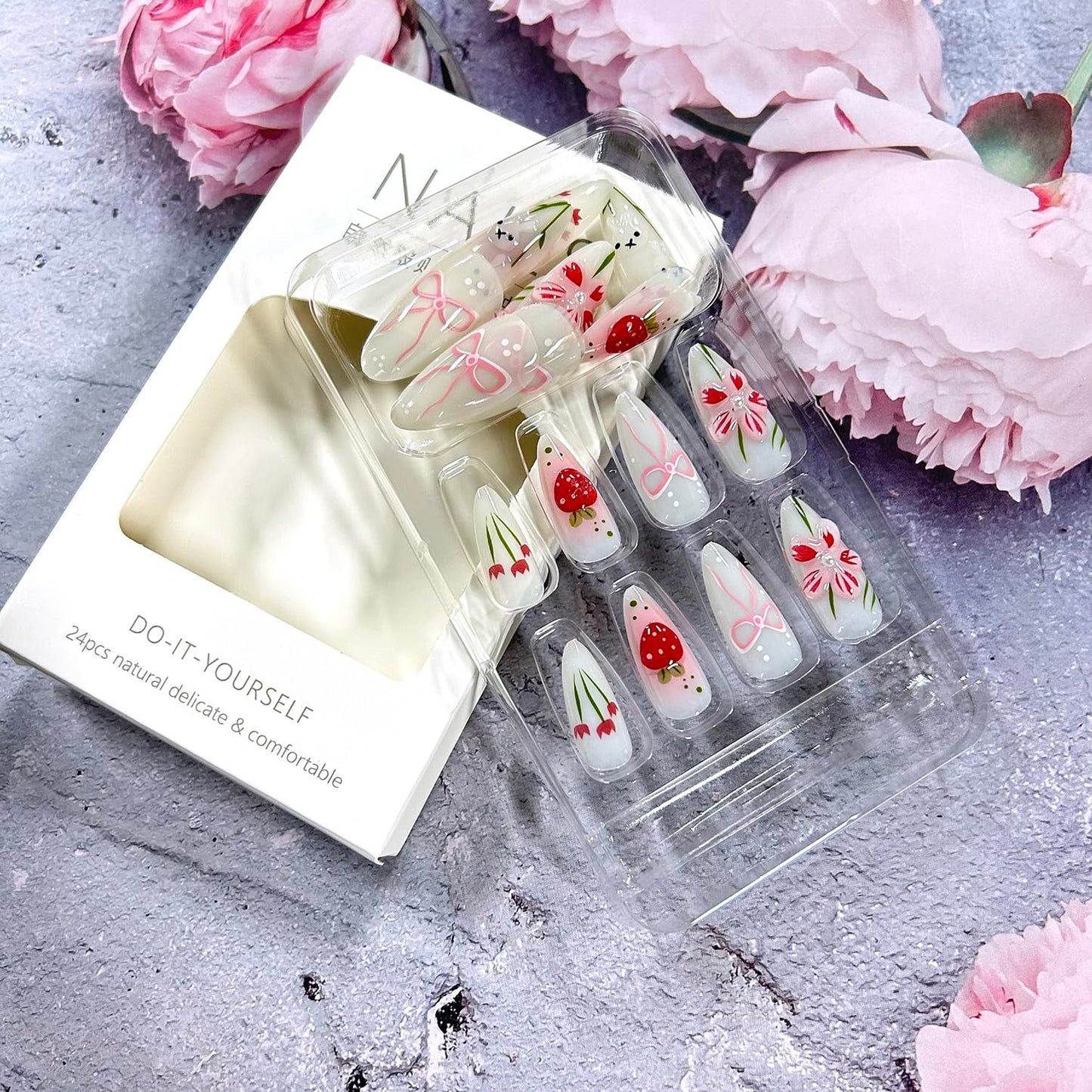 CJDLTS Flower Press on Nails Medium Almond Shaped 3D Cute Floral Blush Strawberry with Glossy Rabbit Pearl Stick on Nails Full Cover Artificial Acrylic Fingernails Glue on Nail for Women Manicure