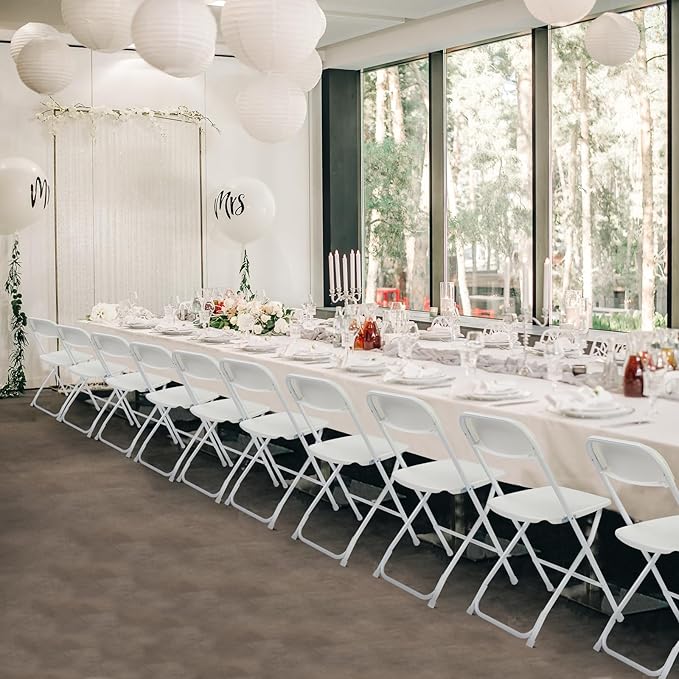 60 Pack White Plastic Folding Chairs, Portable Party Chairs, Stackable Commercial Seats with Steel Frame for Home Office Wedding Party Indoor Outdoor Events Chairs, 350lbs Capacity