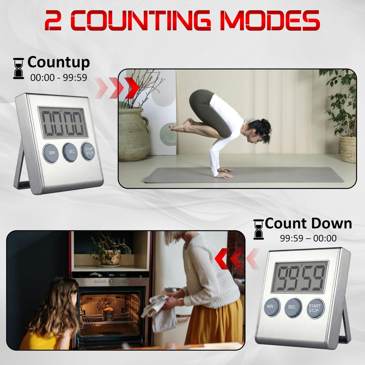 Digital Kitchen Timer for Cooking, Magnetic Countdown Timer with Loud 80dB Alarm, Large Display, Adjustable Stand, Auto Memory, Stop Watch for Classroom, Study, Kids - Silver