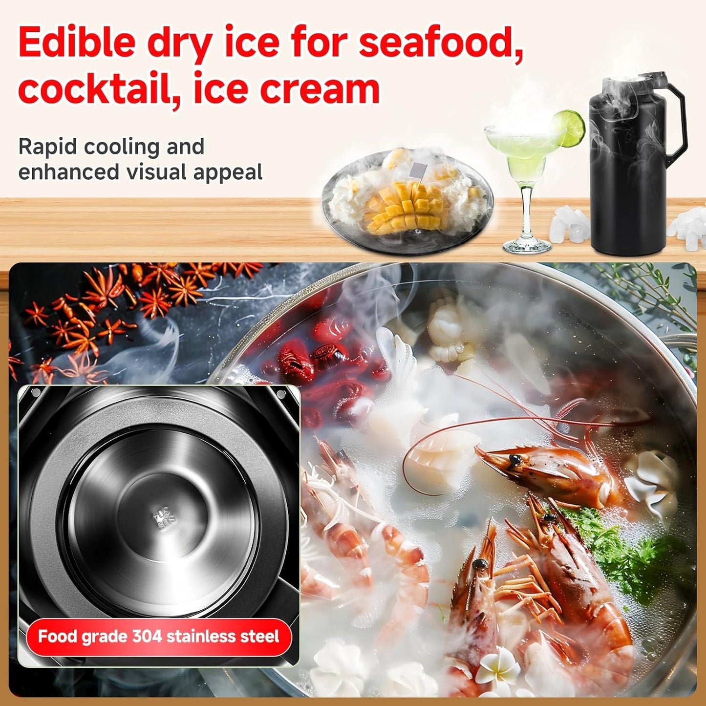 YMJOINMX Dry Ice Bucket 6kg Large Capacity - 304 Stainless Steel Insulation Container for Seafood Preservation, Cocktail Making & Dry Ice Storage