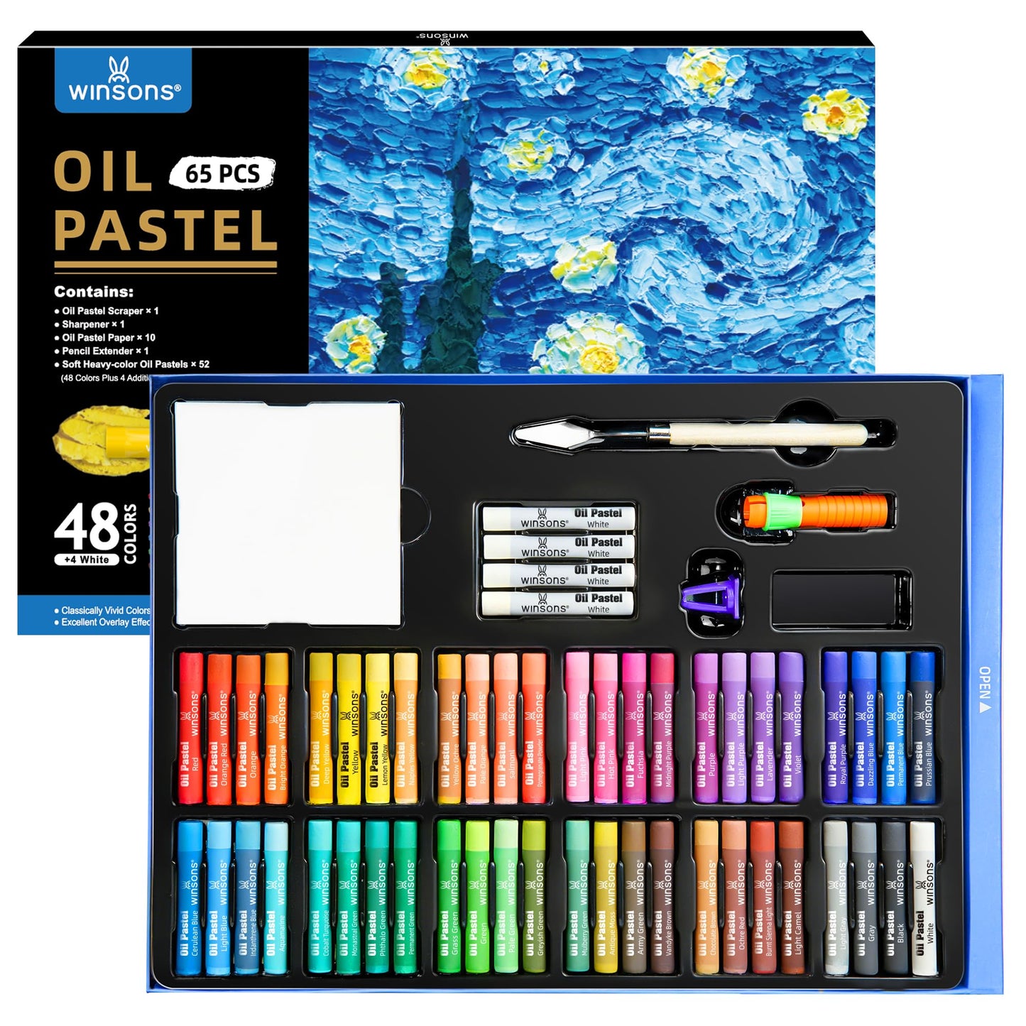 WINSONS 65 PCS Oil Pastel Set, 48 Soft Colors & Extra 4 White Pastels, Complete Art Kit with Holder, Scraper, Sharpener & Pastel Paper – Non-Toxic, Smooth Blending for Artists & Beginners